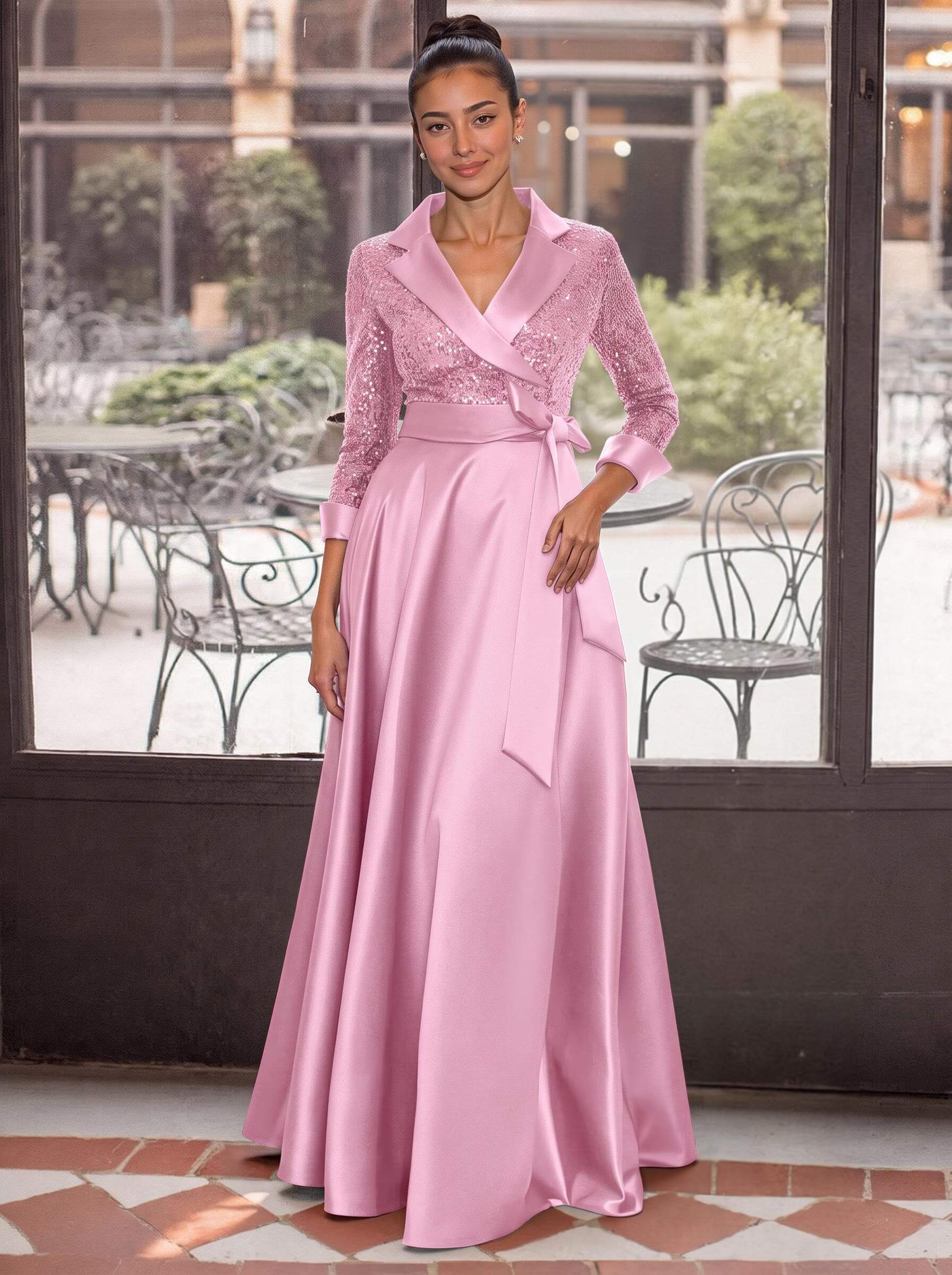 V-Neck 3/4 Sleeves A-Line Floor-Length Sequined/Matte Satin Mother Of The Bride Dresses With Bow(s)