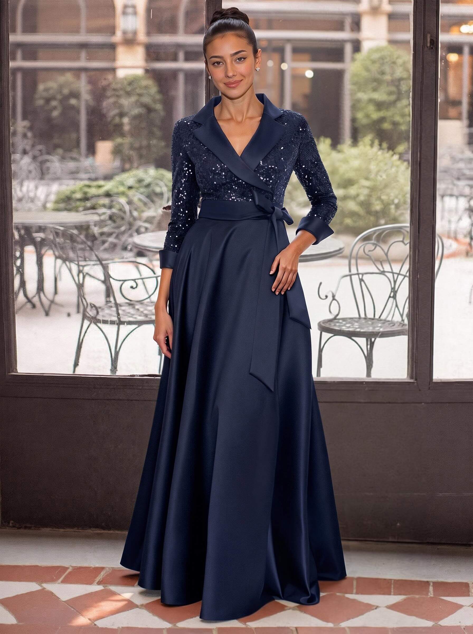 V-Neck 3/4 Sleeves A-Line Floor-Length Sequined/Matte Satin Mother Of The Bride Dresses With Bow(s)