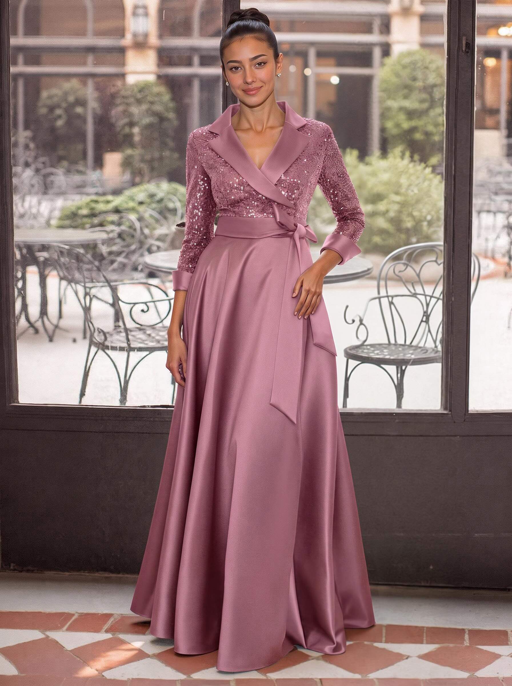 V-Neck 3/4 Sleeves A-Line Floor-Length Sequined/Matte Satin Mother Of The Bride Dresses With Bow(s)