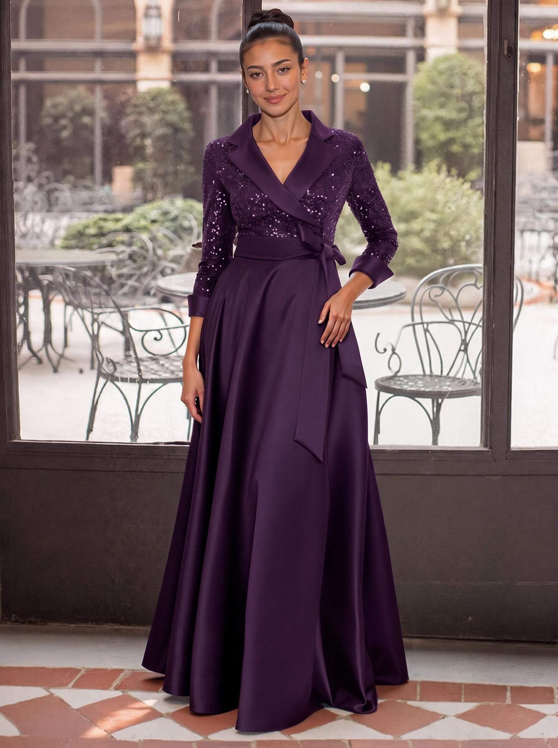 V-Neck 3/4 Sleeves A-Line Floor-Length Sequined/Matte Satin Mother Of The Bride Dresses With Bow(s)