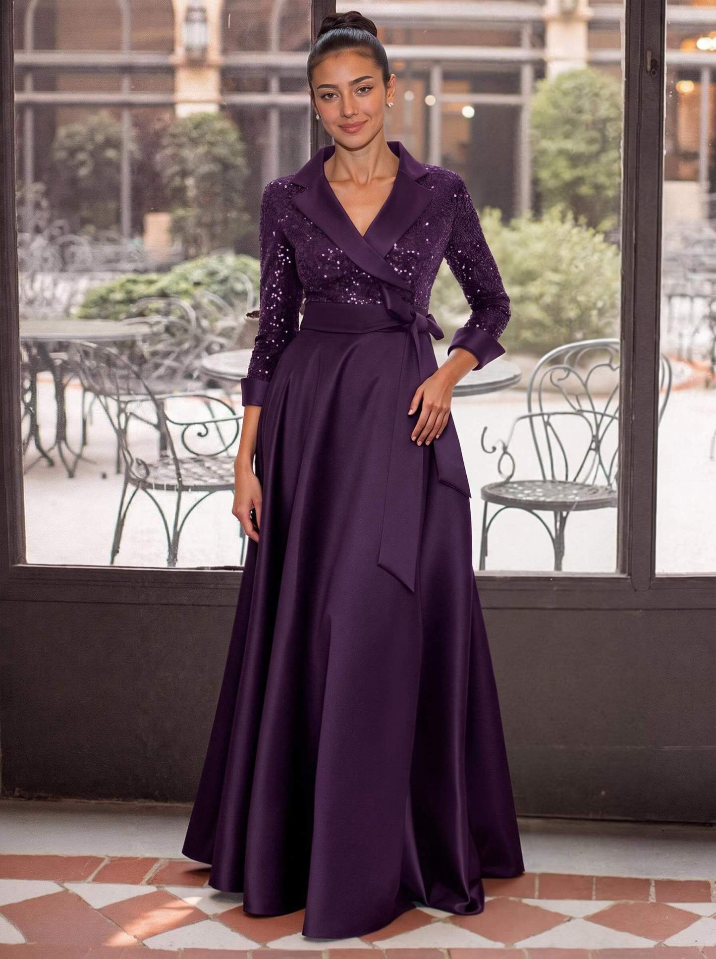 V-Neck 3/4 Sleeves A-Line Floor-Length Sequined/Matte Satin Mother Of The Bride Dresses With Bow(s)