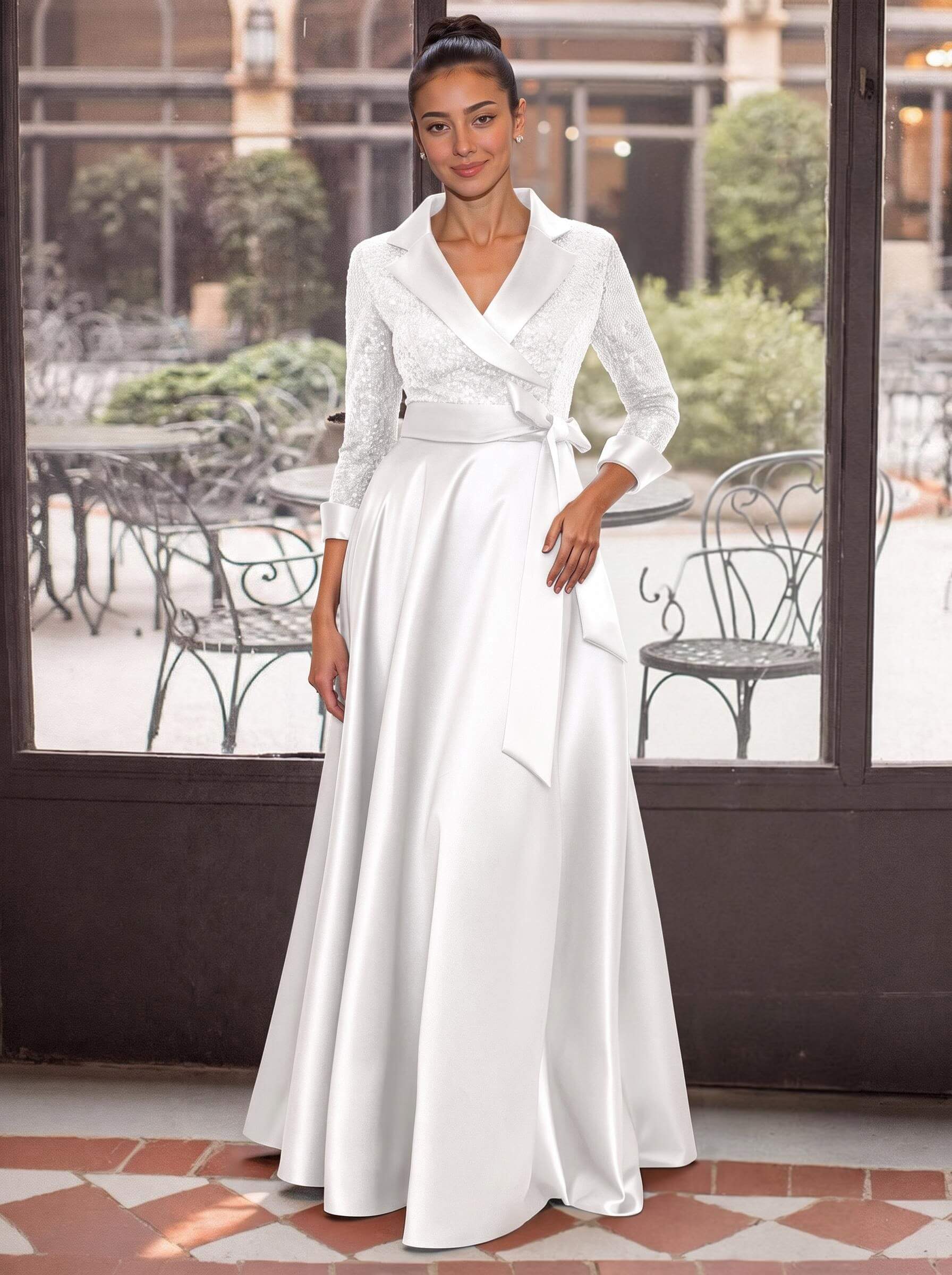 V-Neck 3/4 Sleeves A-Line Floor-Length Sequined/Matte Satin Mother Of The Bride Dresses With Bow(s)