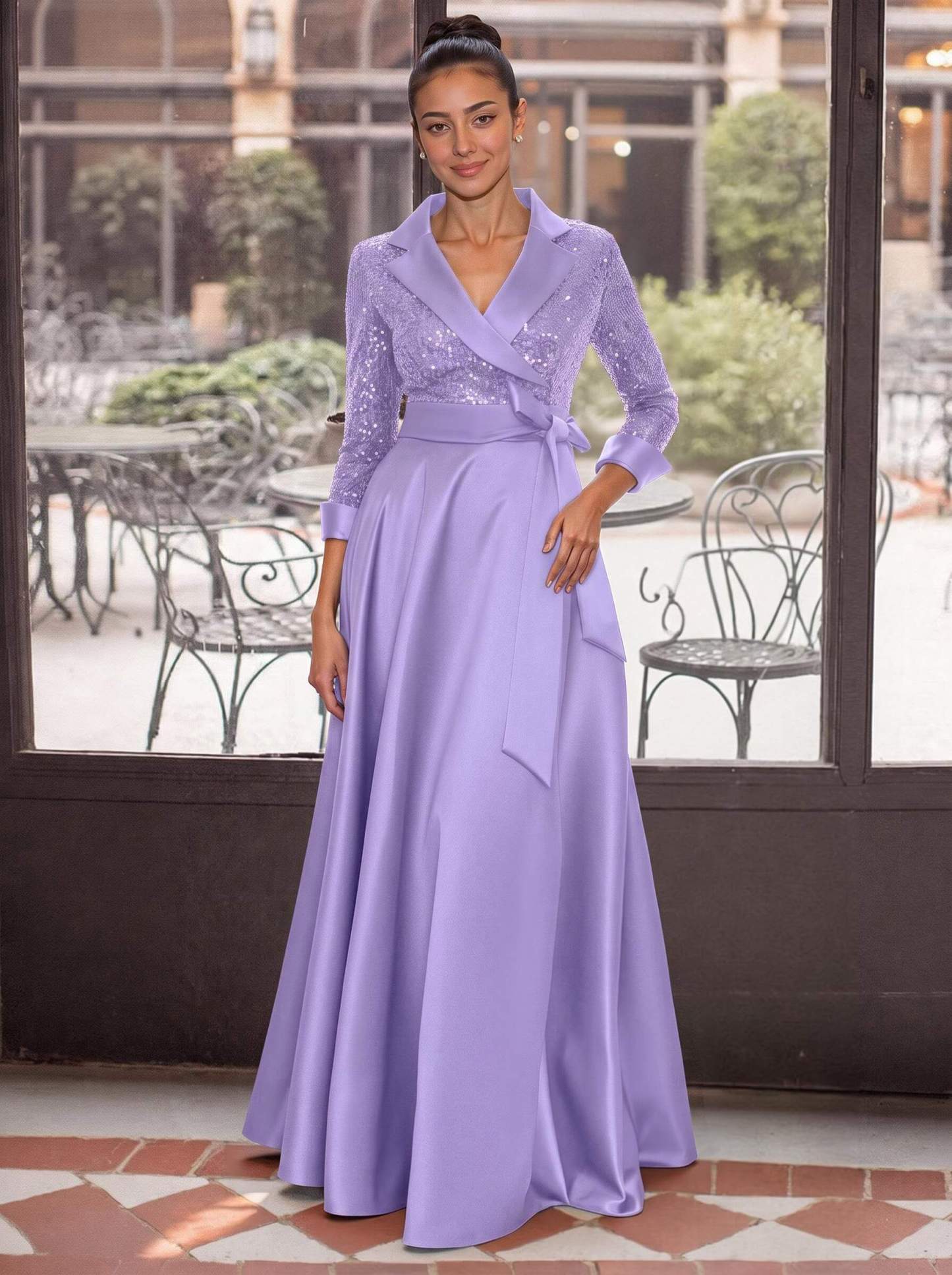 V-Neck 3/4 Sleeves A-Line Floor-Length Sequined/Matte Satin Mother Of The Bride Dresses With Bow(s)