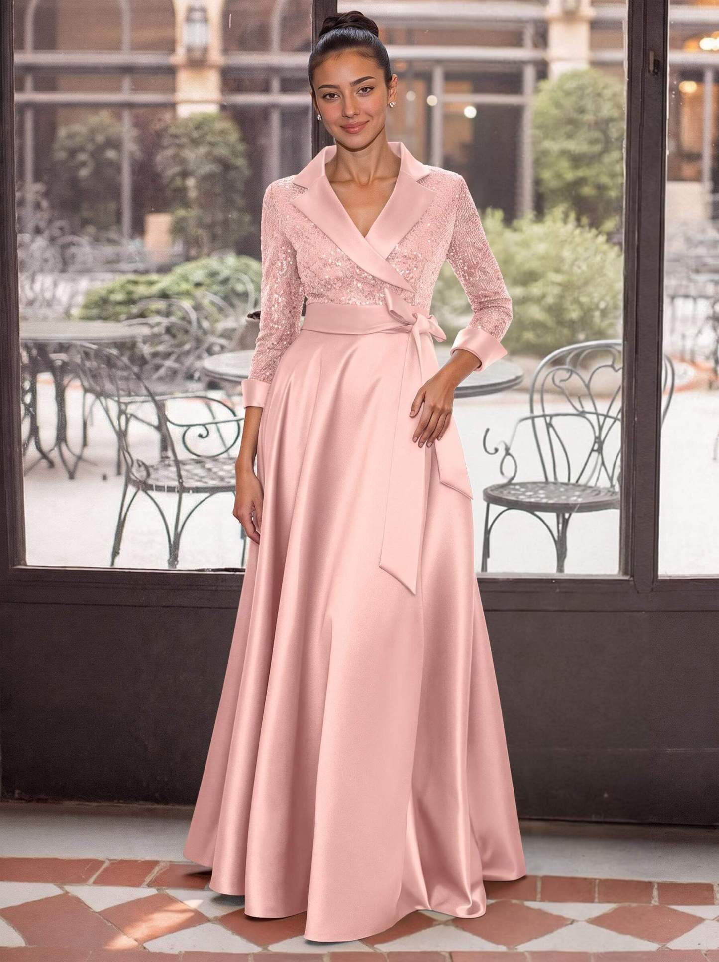 V-Neck 3/4 Sleeves A-Line Floor-Length Sequined/Matte Satin Mother Of The Bride Dresses With Bow(s)