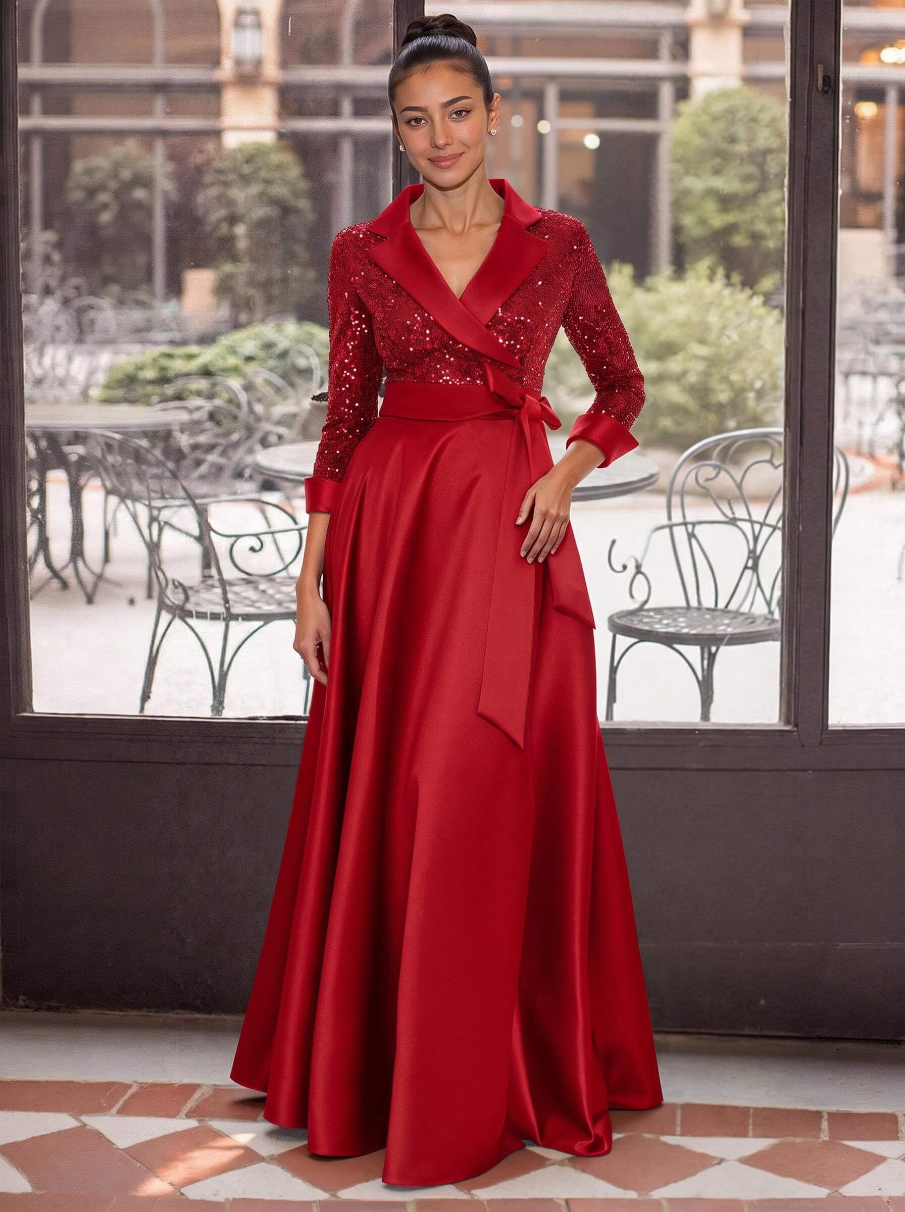 V-Neck 3/4 Sleeves A-Line Floor-Length Sequined/Matte Satin Mother Of The Bride Dresses With Bow(s)