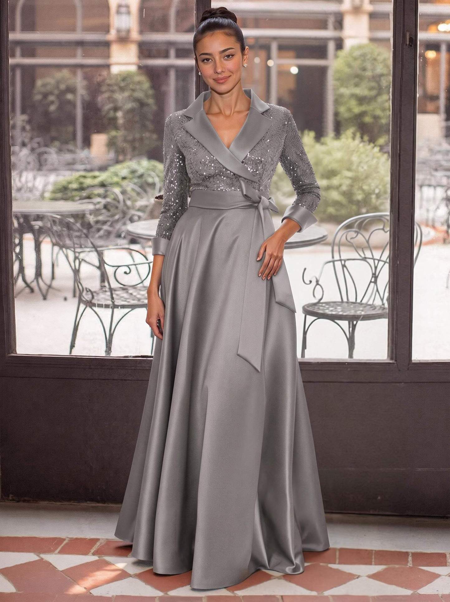 V-Neck 3/4 Sleeves A-Line Floor-Length Sequined/Matte Satin Mother Of The Bride Dresses With Bow(s)