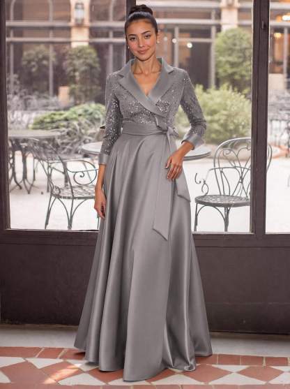 V-Neck 3/4 Sleeves A-Line Floor-Length Sequined/Matte Satin Mother Of The Bride Dresses With Bow(s)