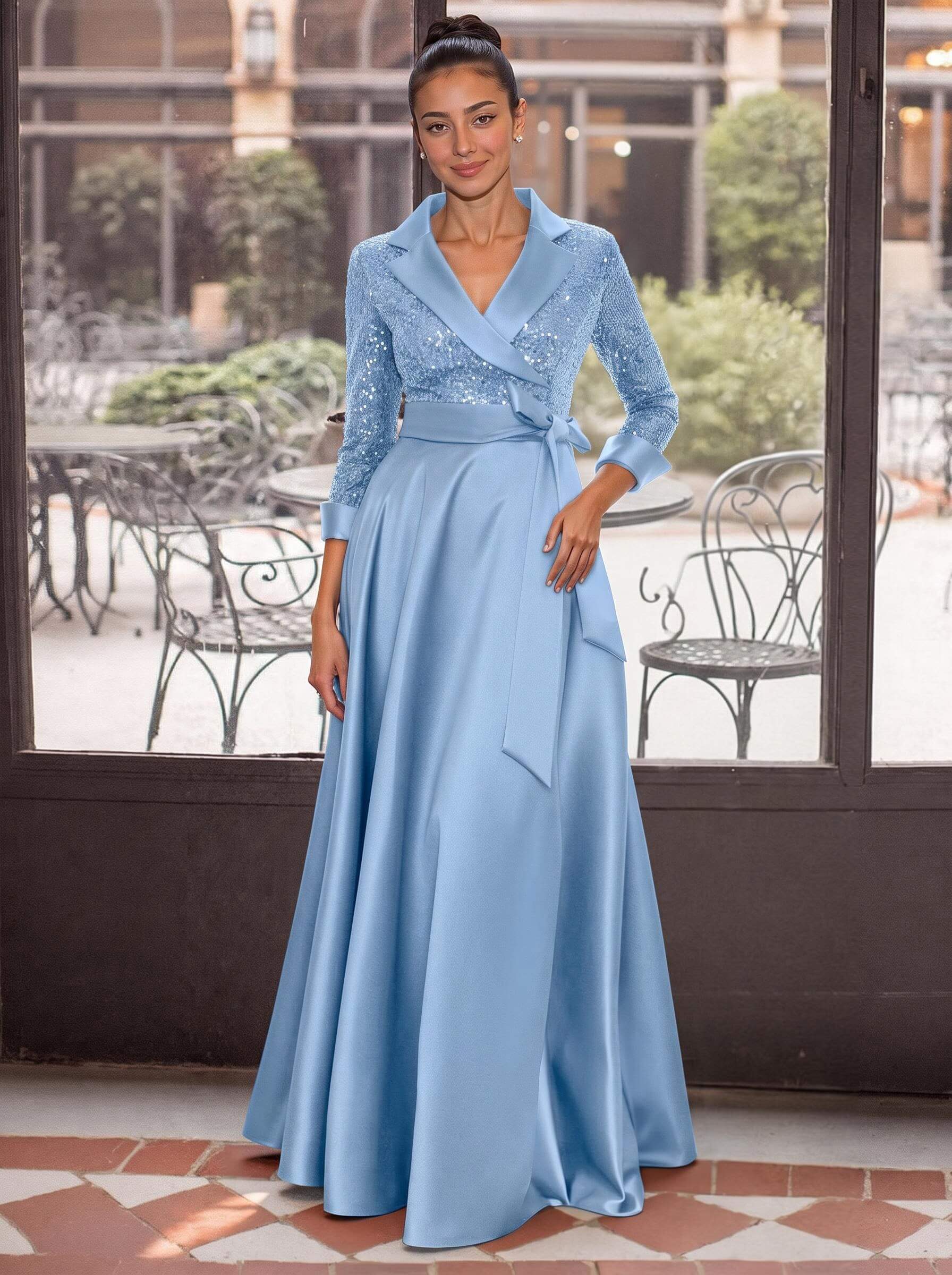 V-Neck 3/4 Sleeves A-Line Floor-Length Sequined/Matte Satin Mother Of The Bride Dresses With Bow(s)