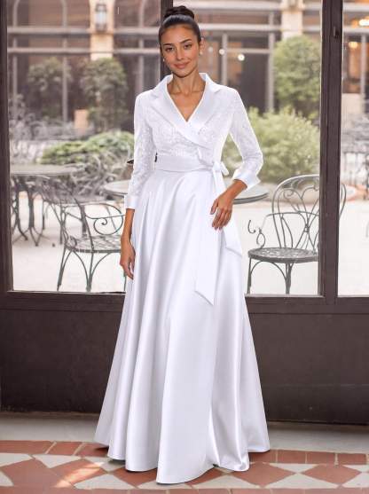 V-Neck 3/4 Sleeves A-Line Floor-Length Sequined/Matte Satin Mother Of The Bride Dresses With Bow(s)