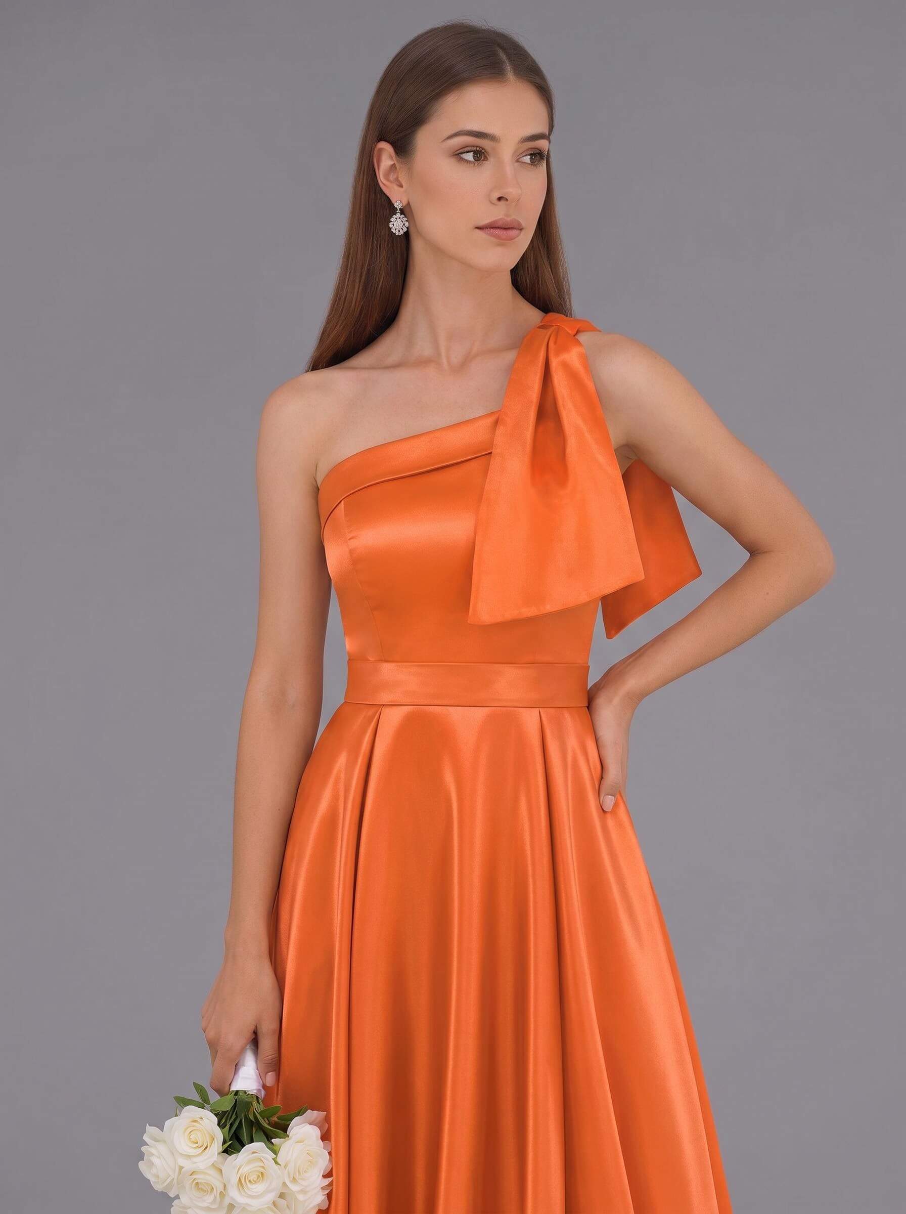 Classy Bow(s) One-Shoulder A-Line Sweep Train Satin Bridesmaid Dresses With Pockets, product image 3