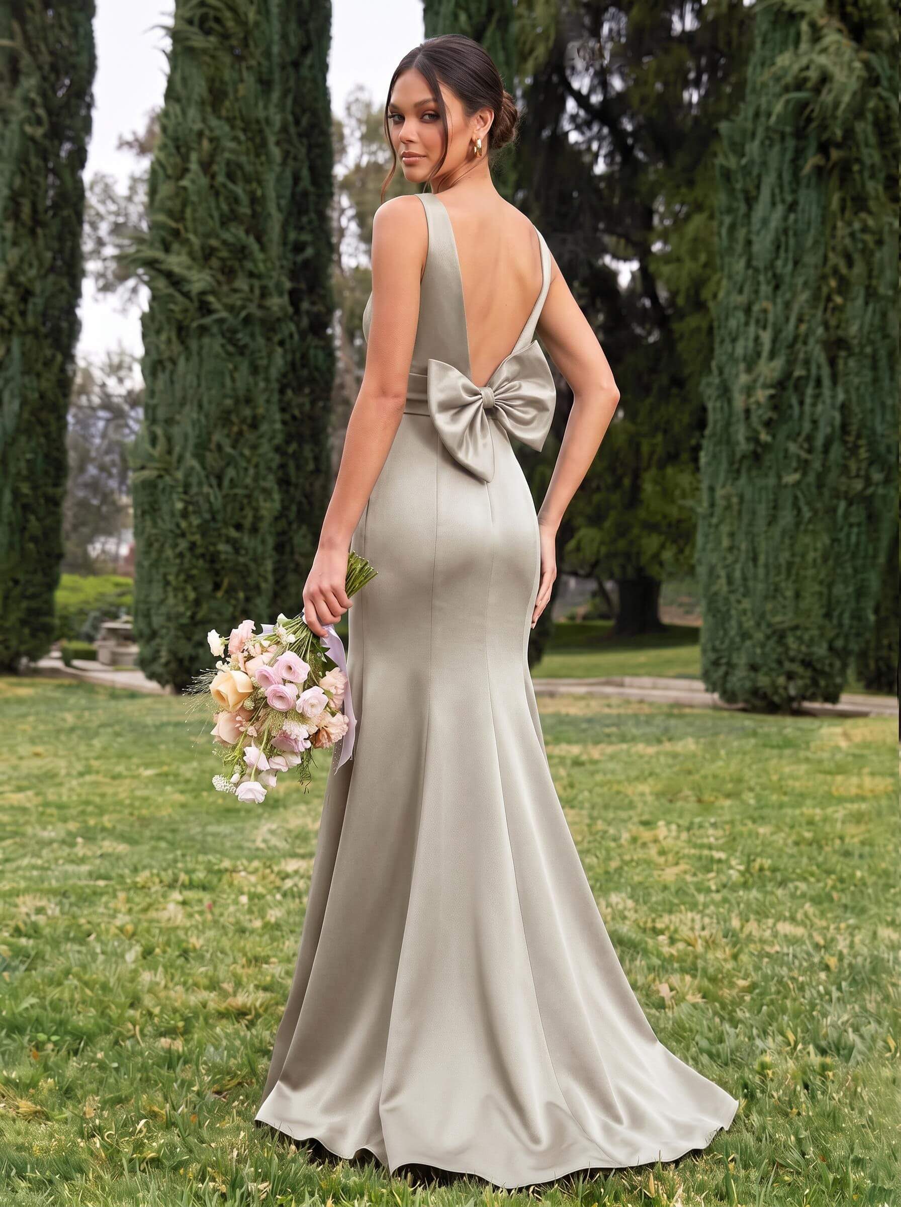 Trumpet/Mermaid Sleeveless Sweep Train Satin Bridesmaid Dresses With Bow(s), product image 121