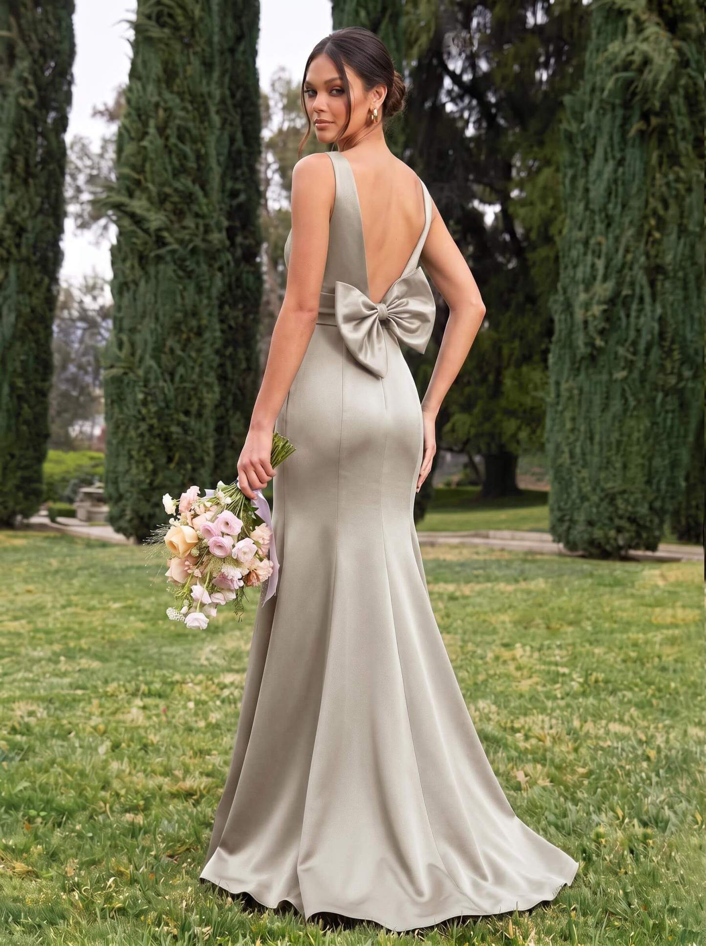 Trumpet/Mermaid Sleeveless Sweep Train Satin Bridesmaid Dresses With Bow(s), product image 121