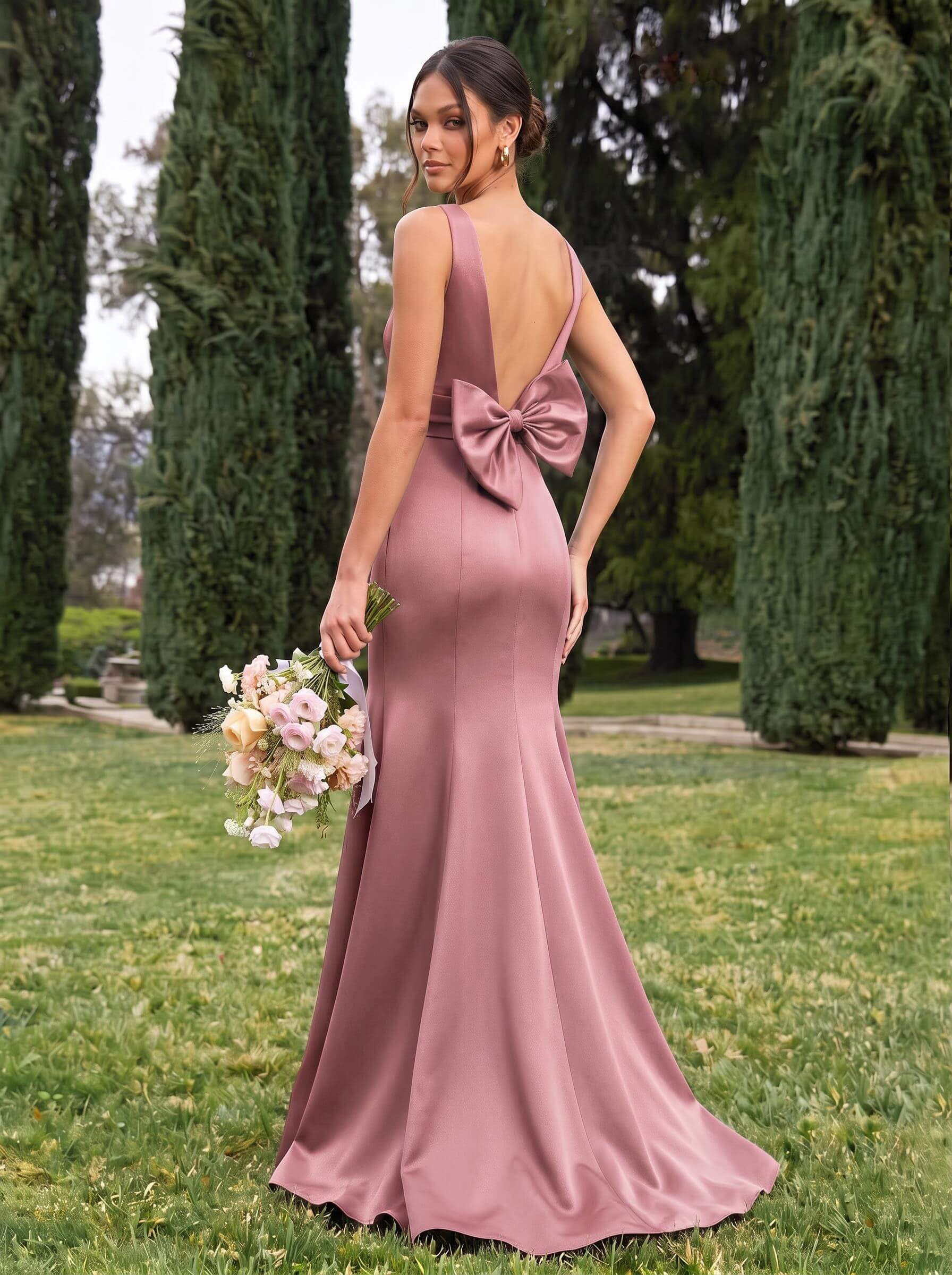 Trumpet/Mermaid Sleeveless Sweep Train Satin Bridesmaid Dresses With Bow(s), product image 45