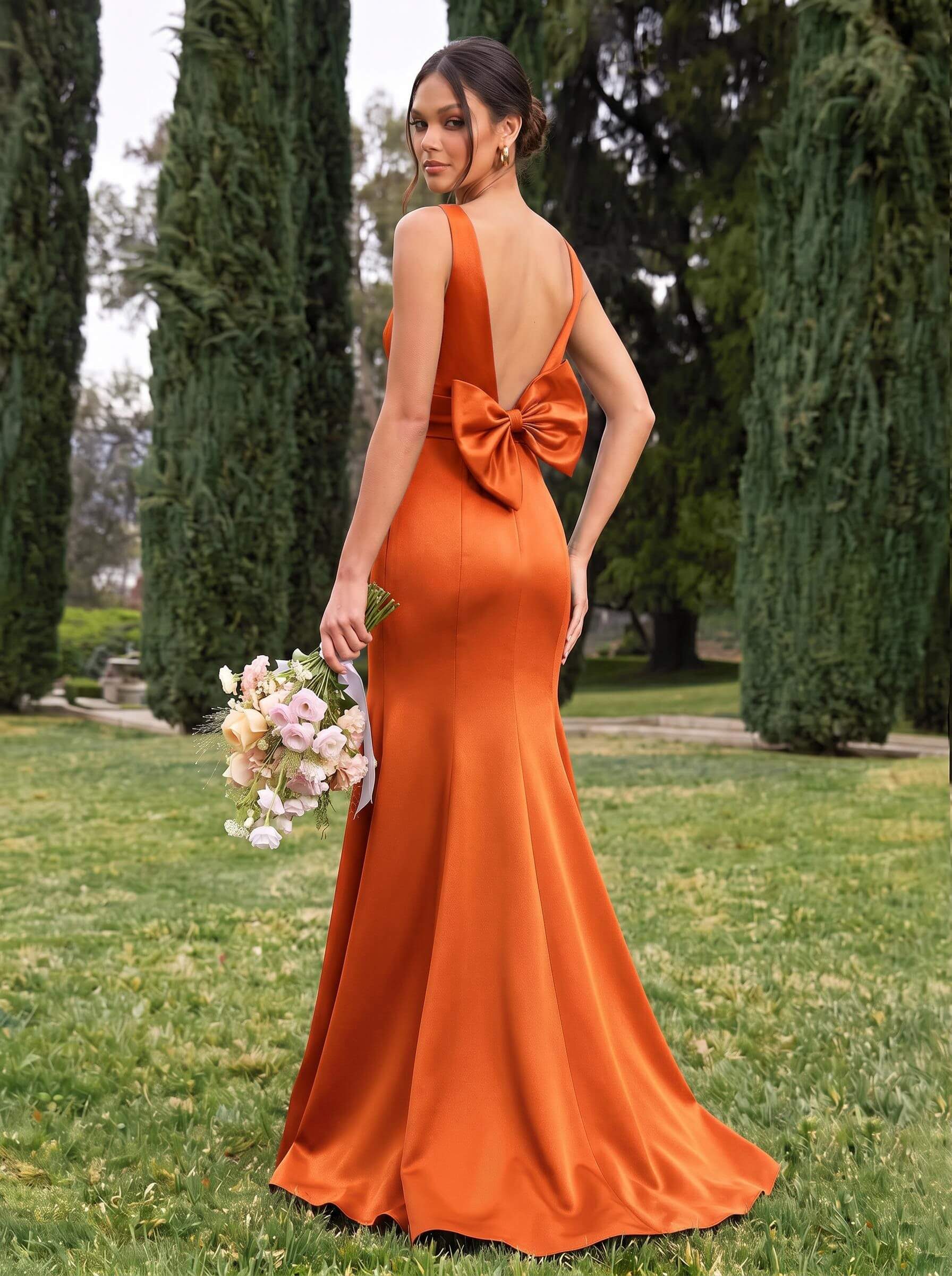 Trumpet/Mermaid Sleeveless Sweep Train Satin Bridesmaid Dresses With Bow(s), product image 127