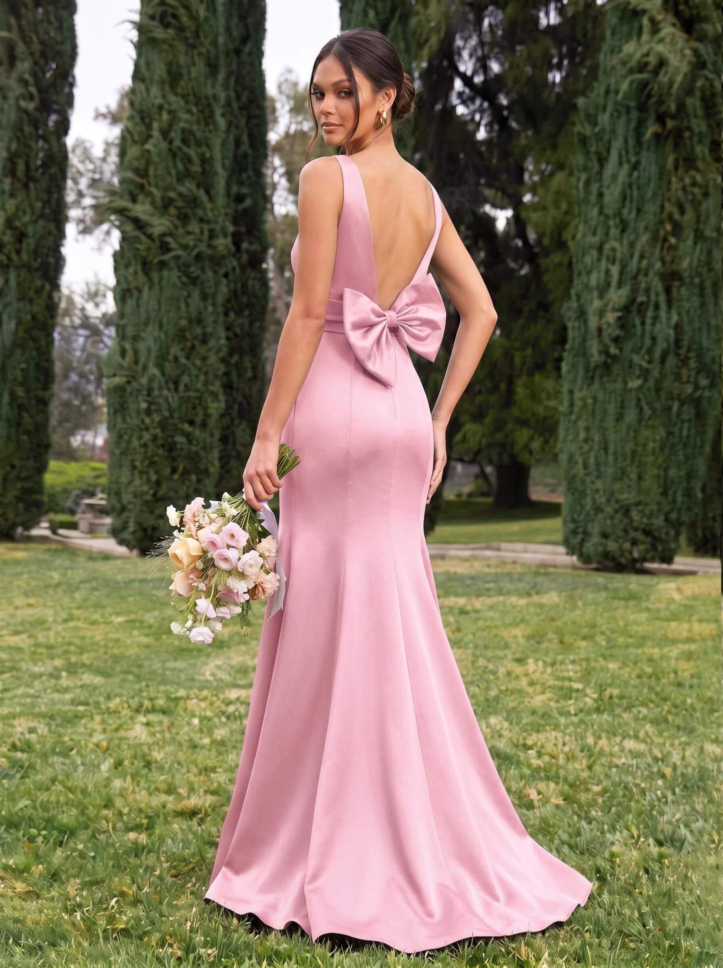 Trumpet/Mermaid Sleeveless Sweep Train Satin Bridesmaid Dresses With Bow(s), product image 53
