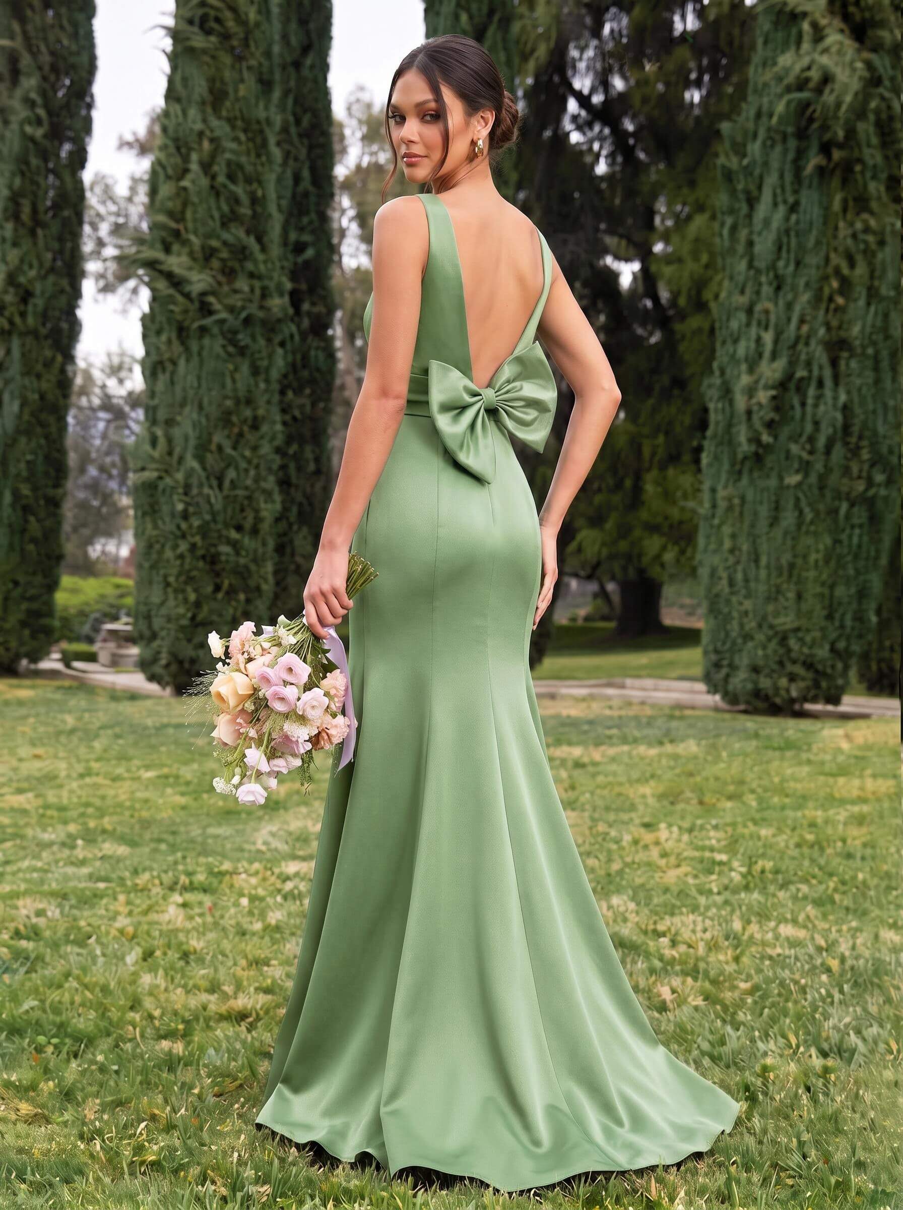 Trumpet/Mermaid Sleeveless Sweep Train Satin Bridesmaid Dresses With Bow(s), product image 83