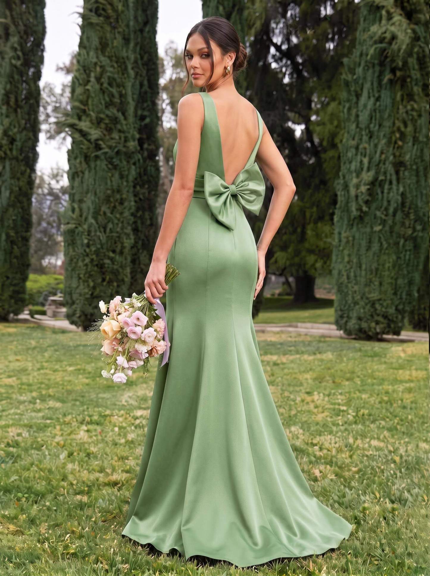 Trumpet/Mermaid Sleeveless Sweep Train Satin Bridesmaid Dresses With Bow(s), product image 83