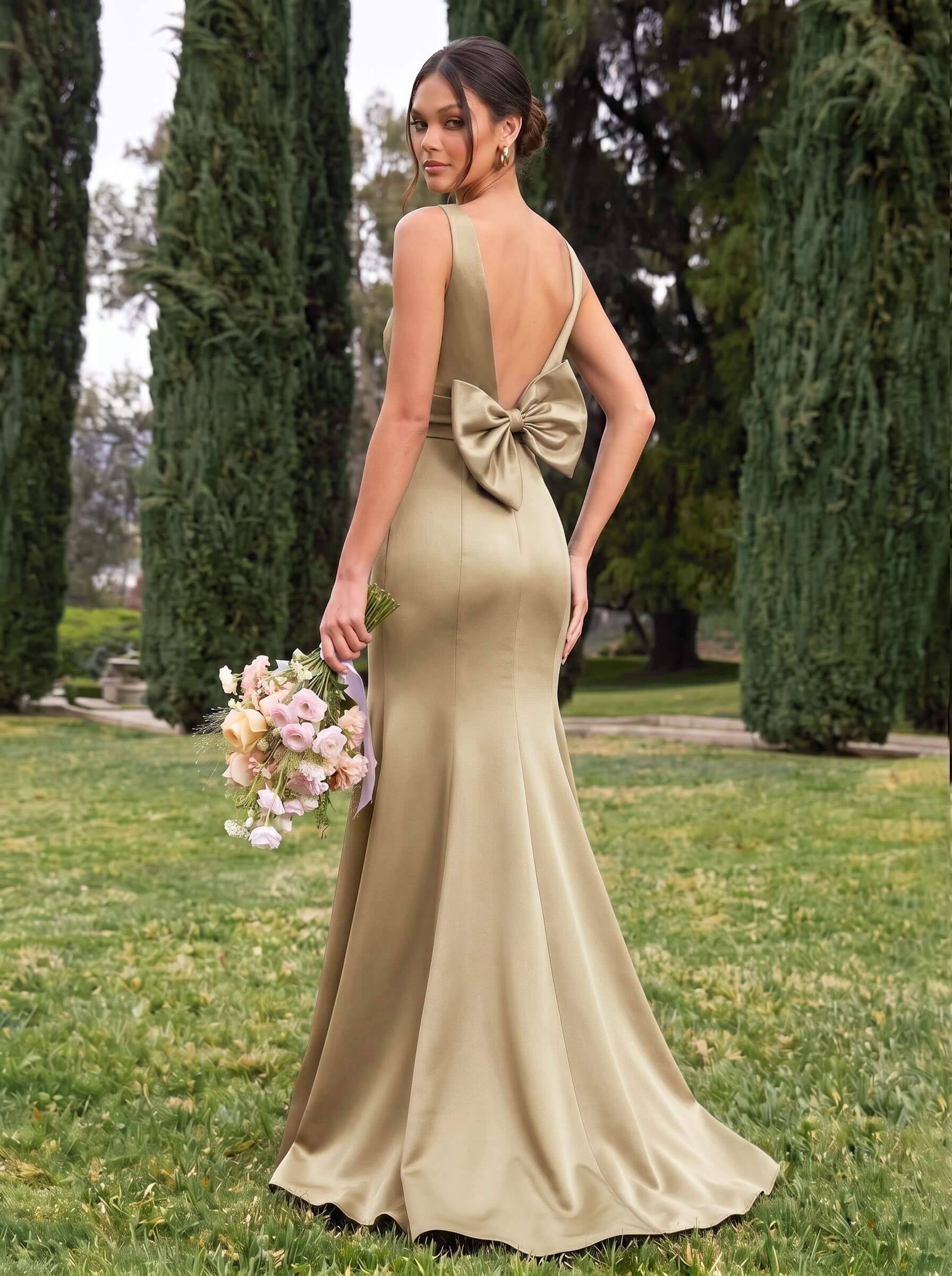 Trumpet/Mermaid Sleeveless Sweep Train Satin Bridesmaid Dresses With Bow(s), product image 91