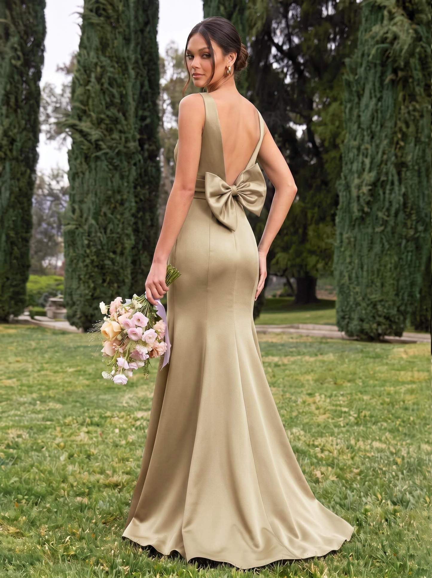 Trumpet/Mermaid Sleeveless Sweep Train Satin Bridesmaid Dresses With Bow(s), product image 91