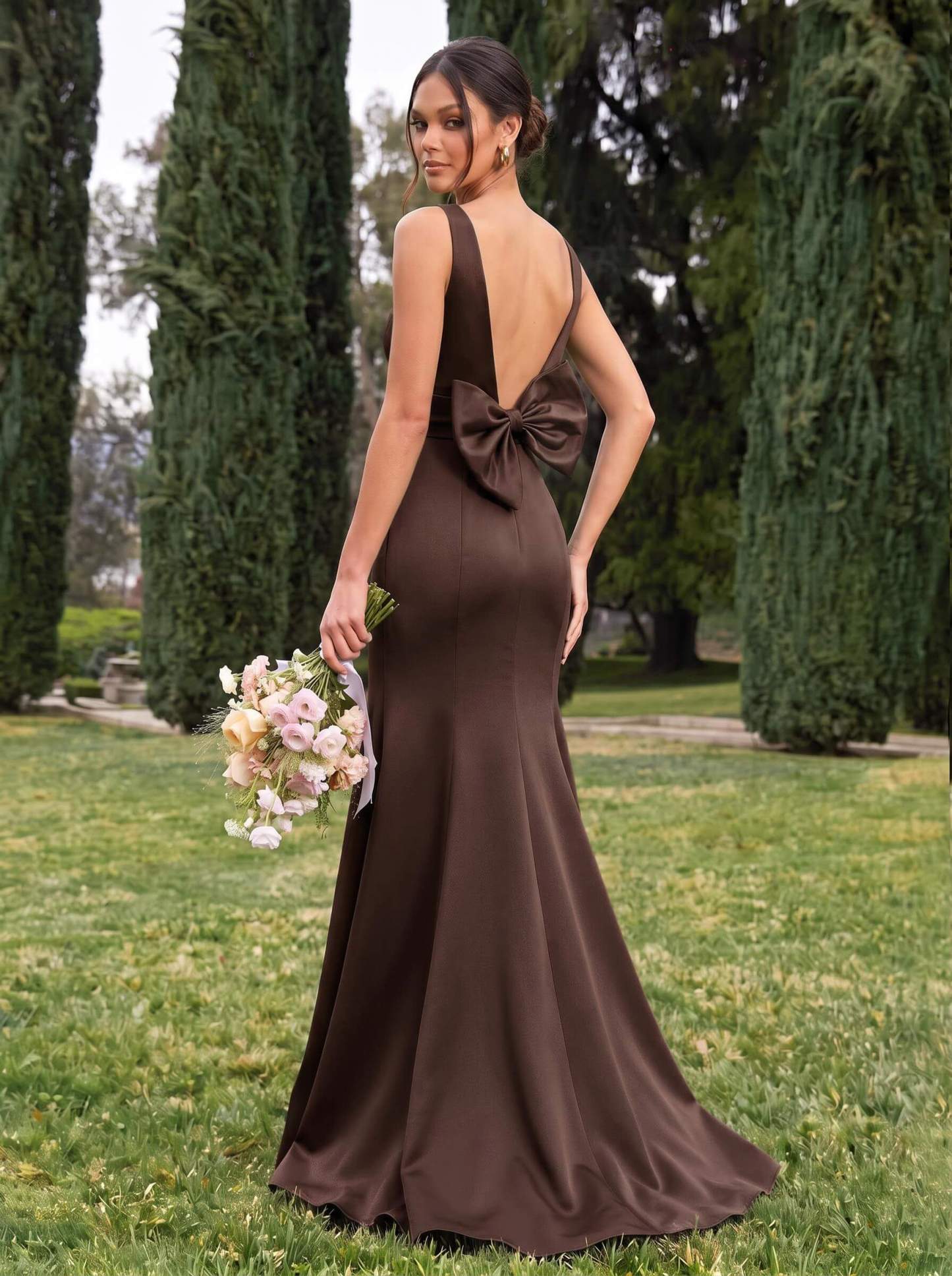 Trumpet/Mermaid Sleeveless Sweep Train Satin Bridesmaid Dresses With Bow(s), product image 103