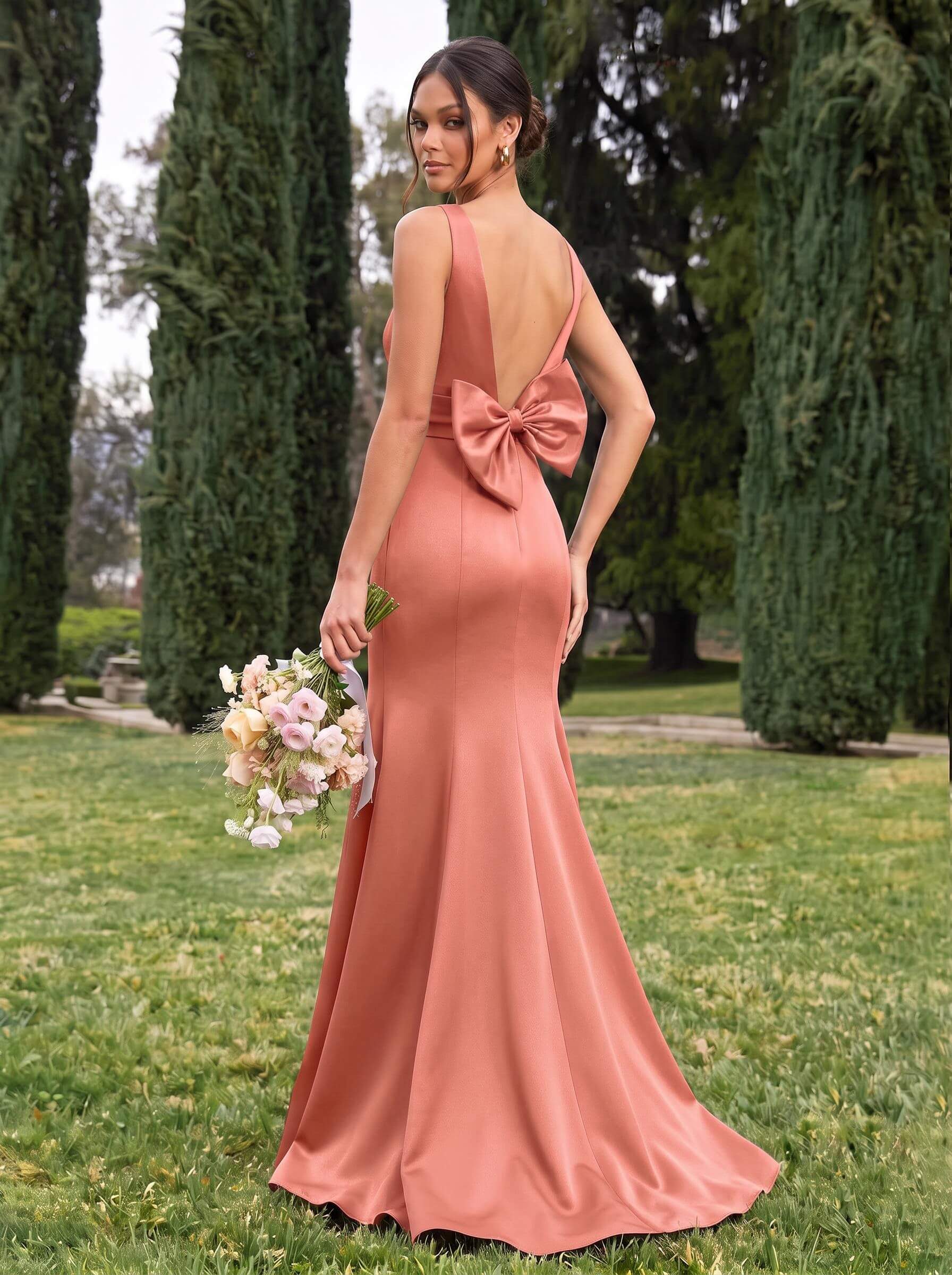 Trumpet/Mermaid Sleeveless Sweep Train Satin Bridesmaid Dresses With Bow(s), product image 49