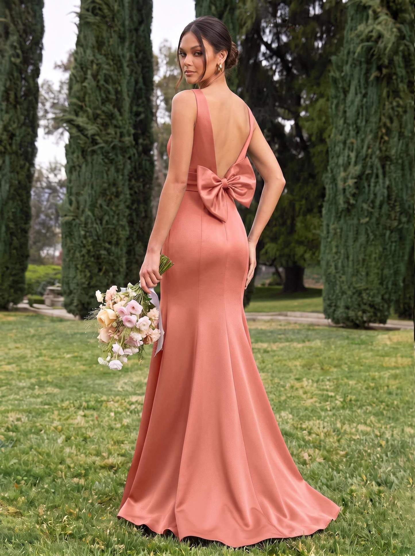 Trumpet/Mermaid Sleeveless Sweep Train Satin Bridesmaid Dresses With Bow(s), product image 49