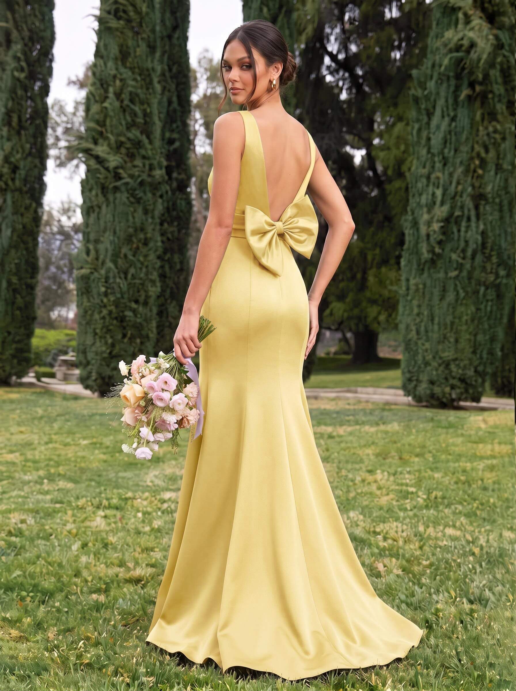 Trumpet/Mermaid Sleeveless Sweep Train Satin Bridesmaid Dresses With Bow(s), product image 95