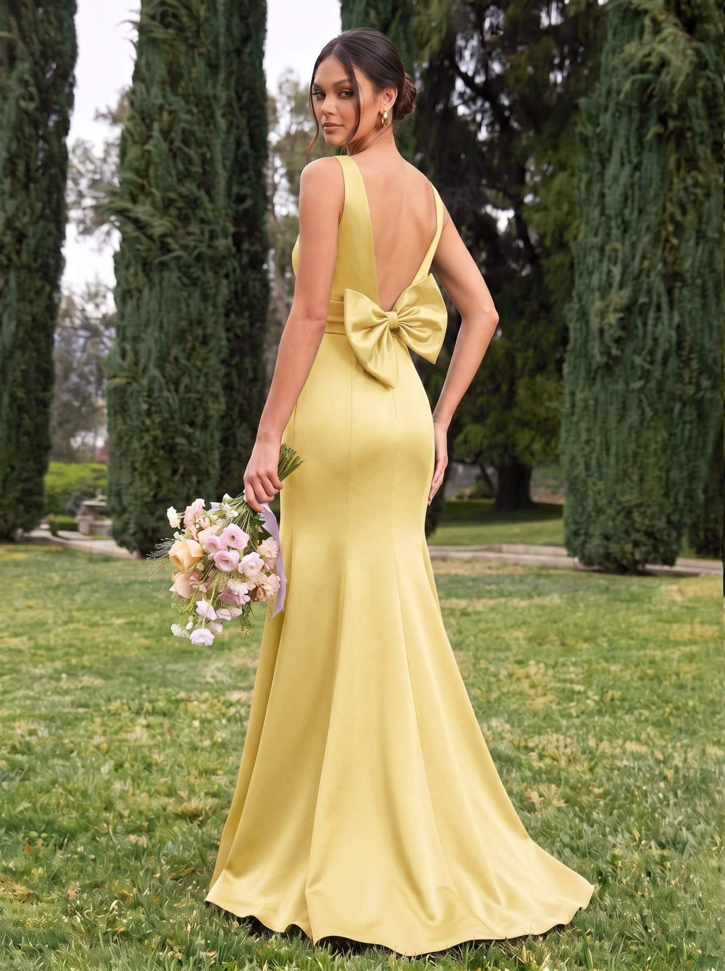 Trumpet/Mermaid Sleeveless Sweep Train Satin Bridesmaid Dresses With Bow(s), product image 95
