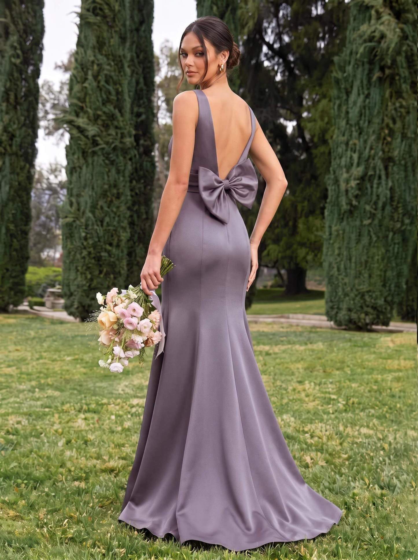 Trumpet/Mermaid Sleeveless Sweep Train Satin Bridesmaid Dresses With Bow(s), product image 55
