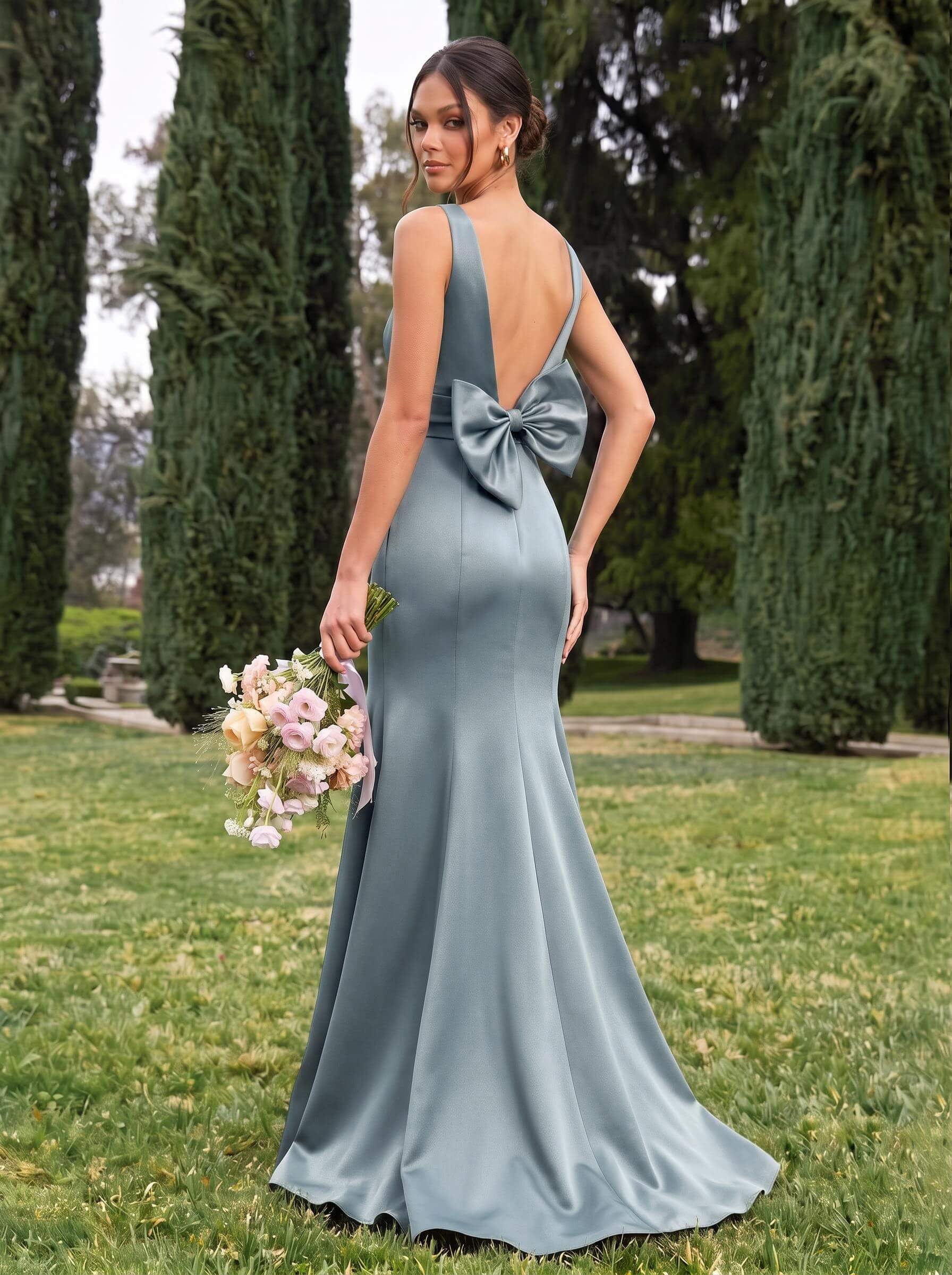 Trumpet/Mermaid Sleeveless Sweep Train Satin Bridesmaid Dresses With Bow(s), product image 7