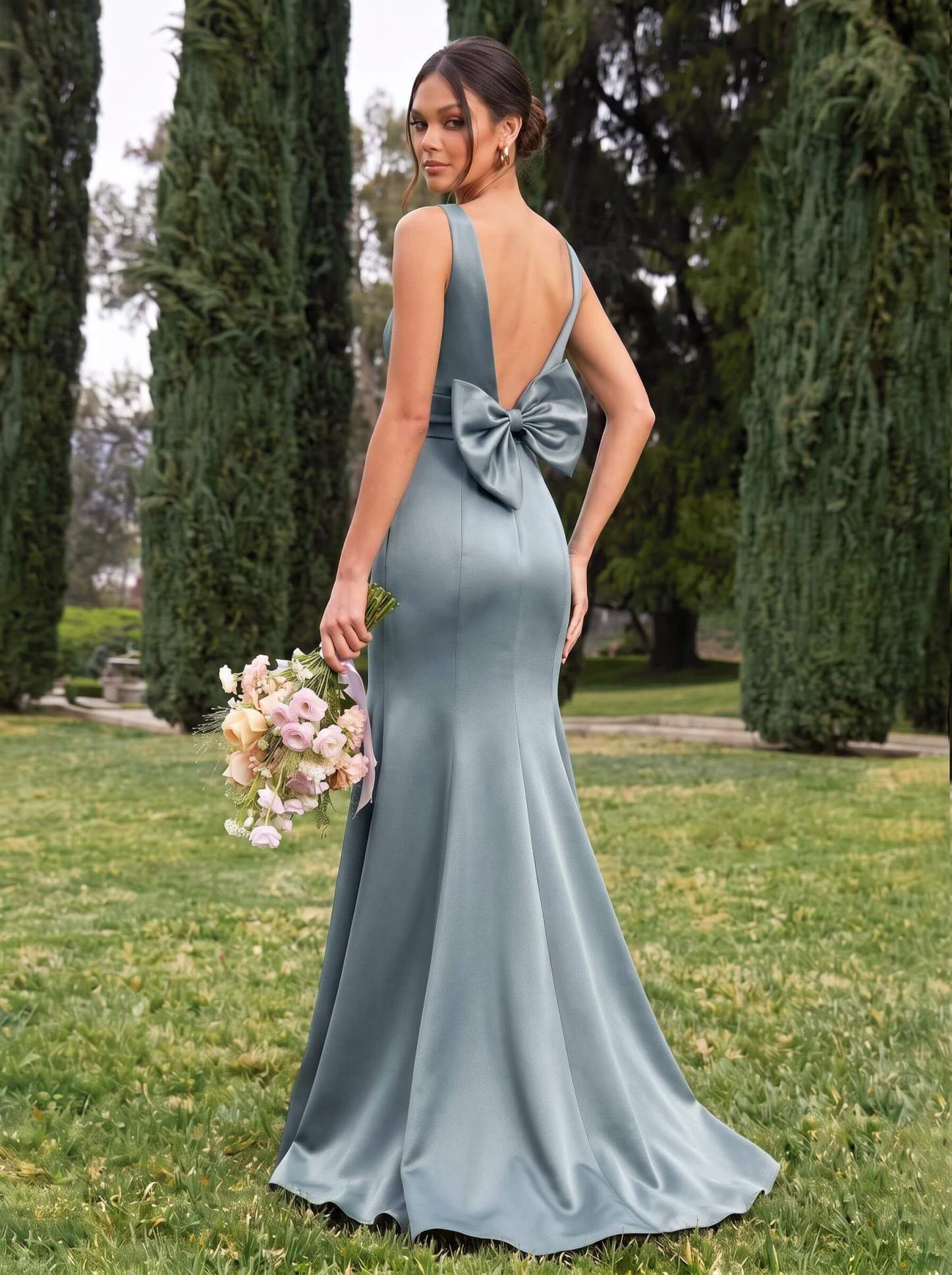 Trumpet/Mermaid Sleeveless Sweep Train Satin Bridesmaid Dresses With Bow(s), product image 7