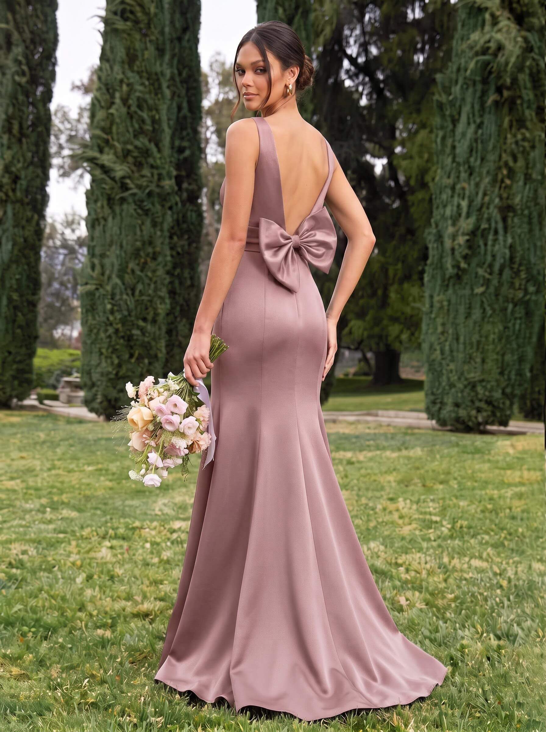 Trumpet/Mermaid Sleeveless Sweep Train Satin Bridesmaid Dresses With Bow(s), product image 41