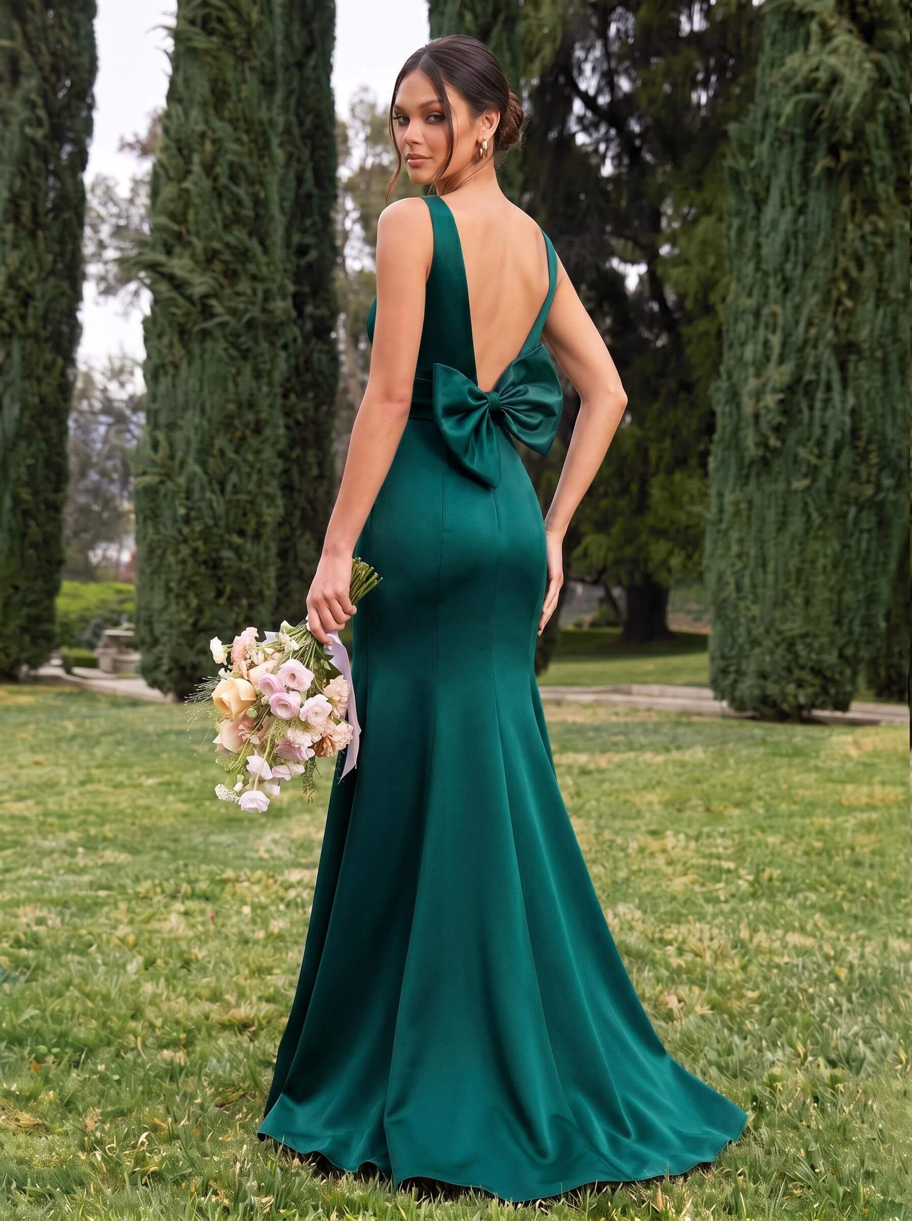 Trumpet/Mermaid Sleeveless Sweep Train Satin Bridesmaid Dresses With Bow(s), product image 129