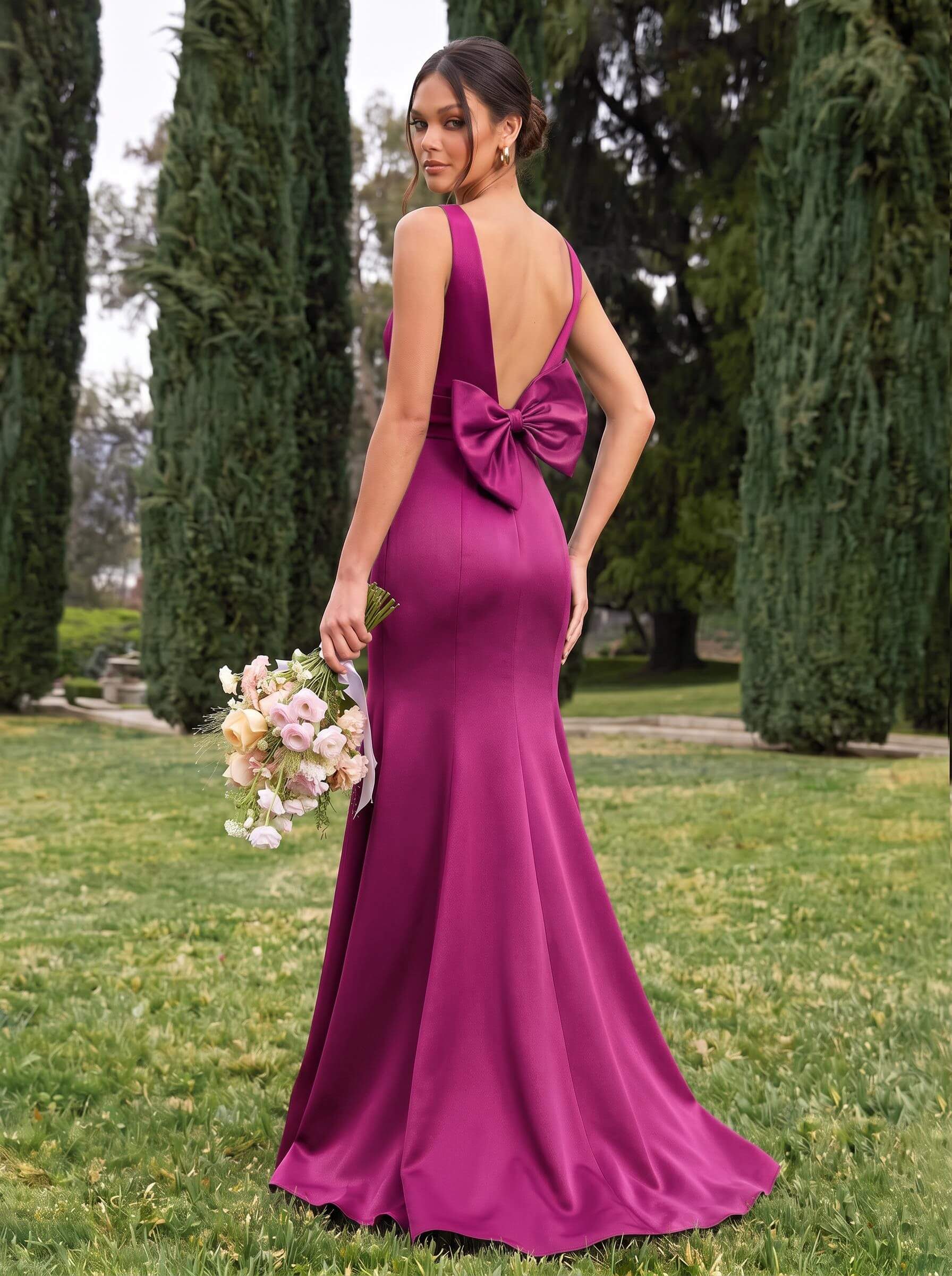 Trumpet/Mermaid Sleeveless Sweep Train Satin Bridesmaid Dresses With Bow(s), product image 73