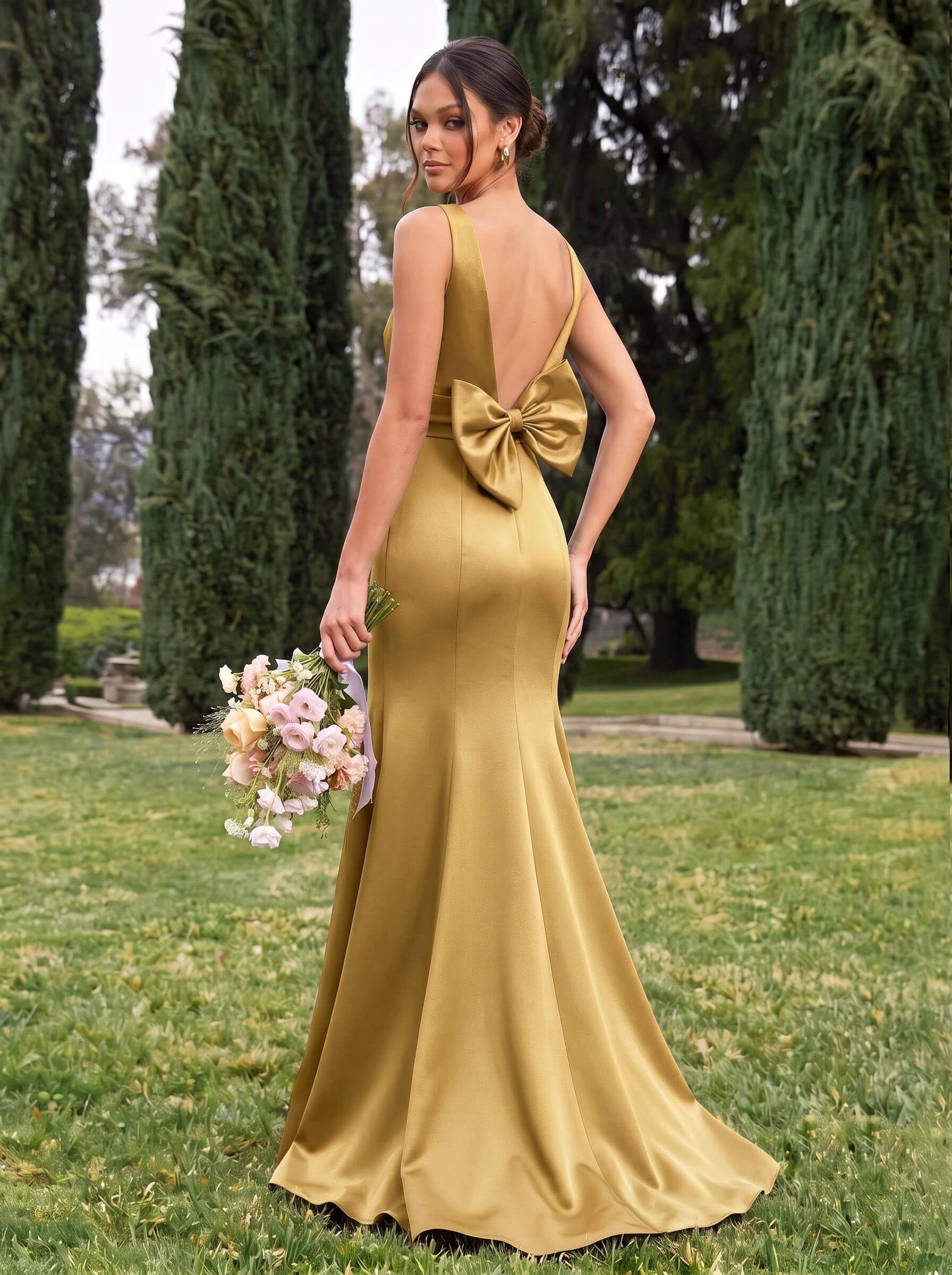 Trumpet/Mermaid Sleeveless Sweep Train Satin Bridesmaid Dresses With Bow(s), product image 97