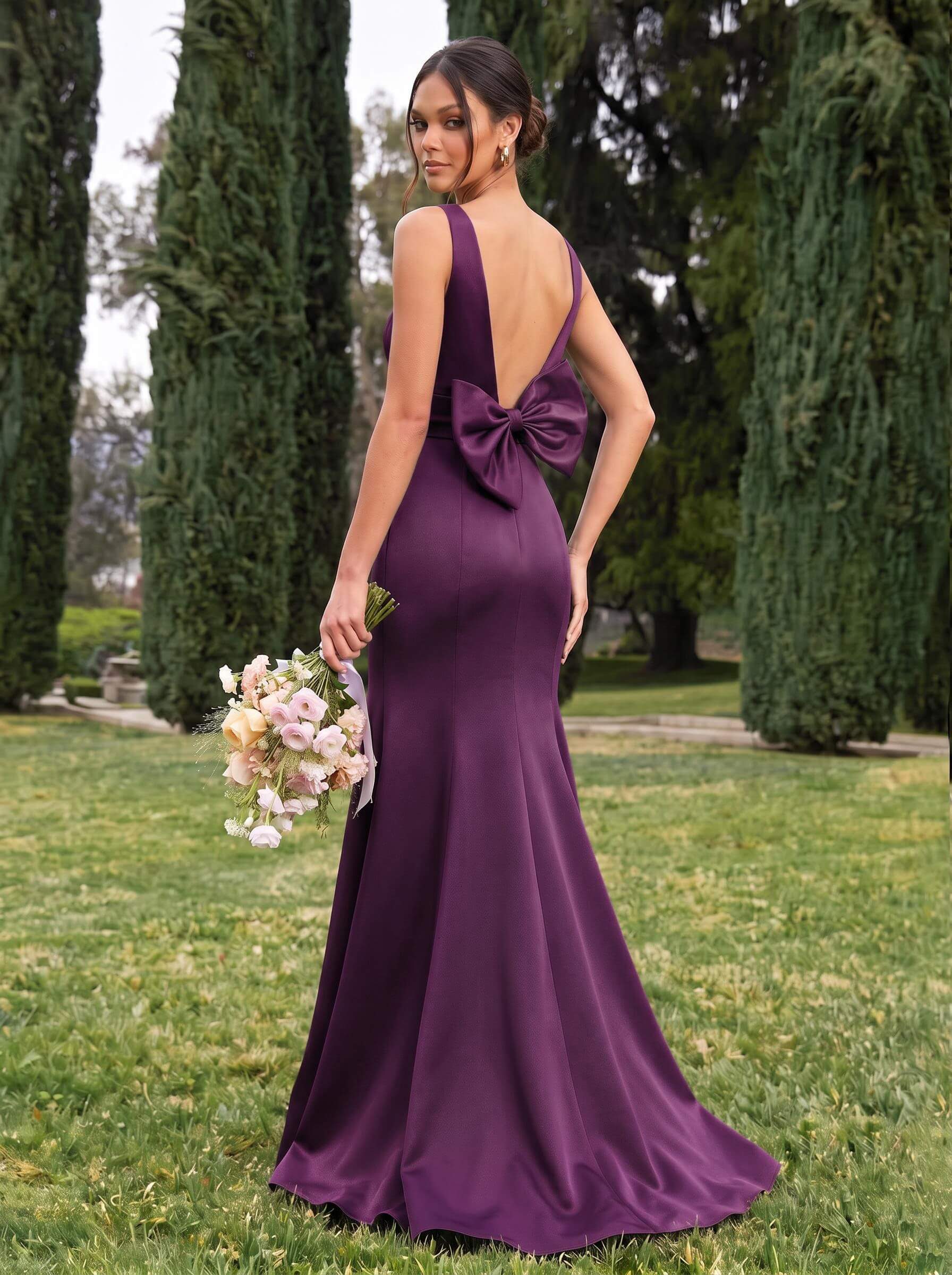 Trumpet/Mermaid Sleeveless Sweep Train Satin Bridesmaid Dresses With Bow(s), product image 69