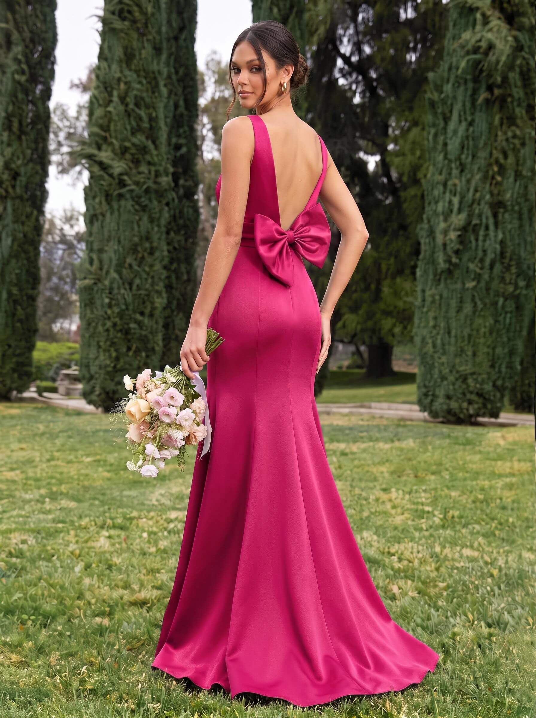Trumpet/Mermaid Sleeveless Sweep Train Satin Bridesmaid Dresses With Bow(s), product image 115