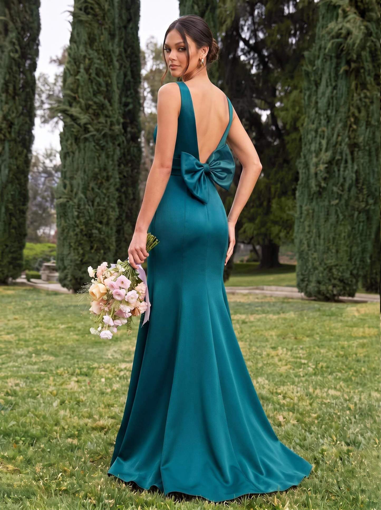 Trumpet/Mermaid Sleeveless Sweep Train Satin Bridesmaid Dresses With Bow(s), product image 13