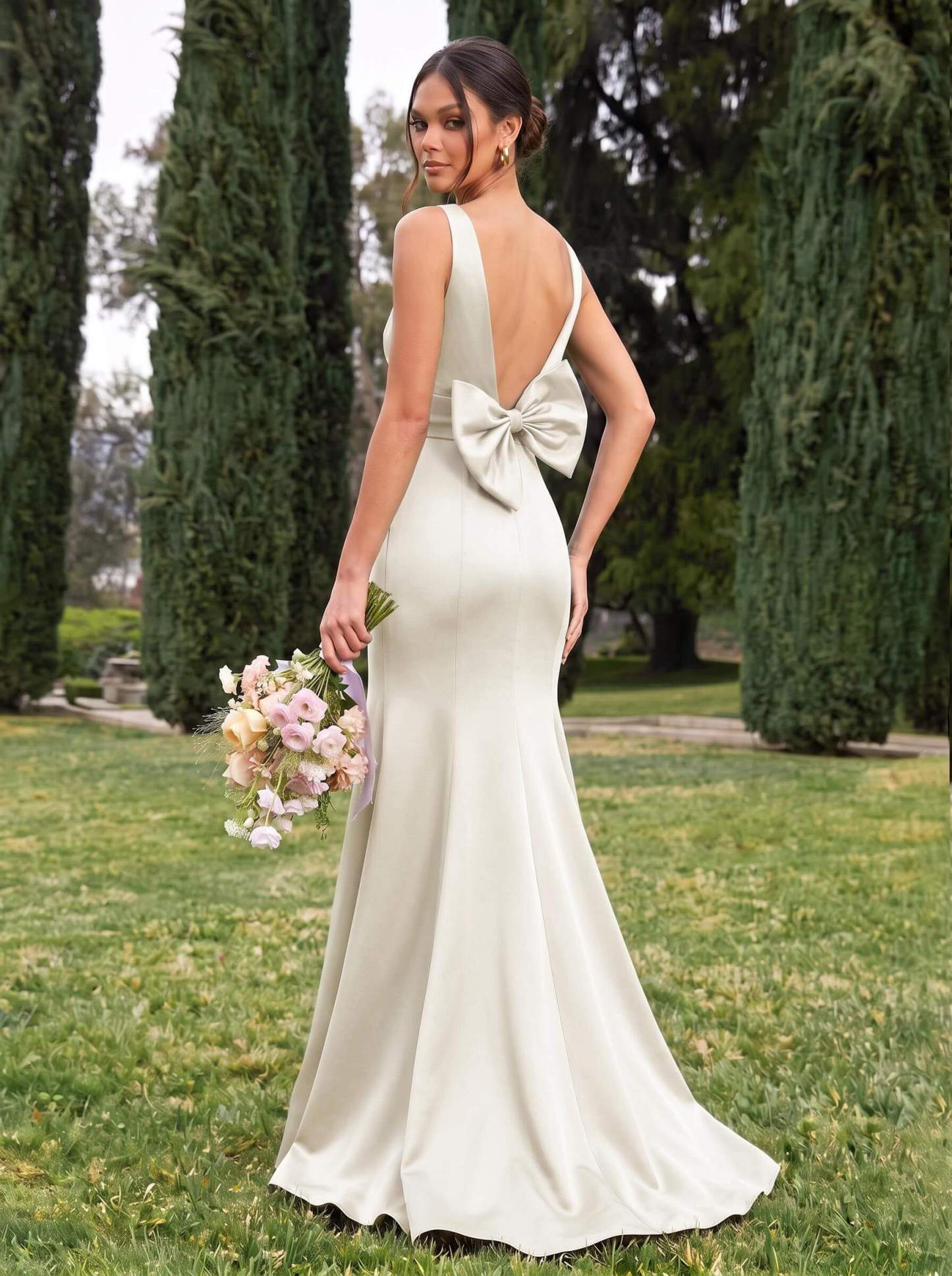 Trumpet/Mermaid Sleeveless Sweep Train Satin Bridesmaid Dresses With Bow(s), product image 105
