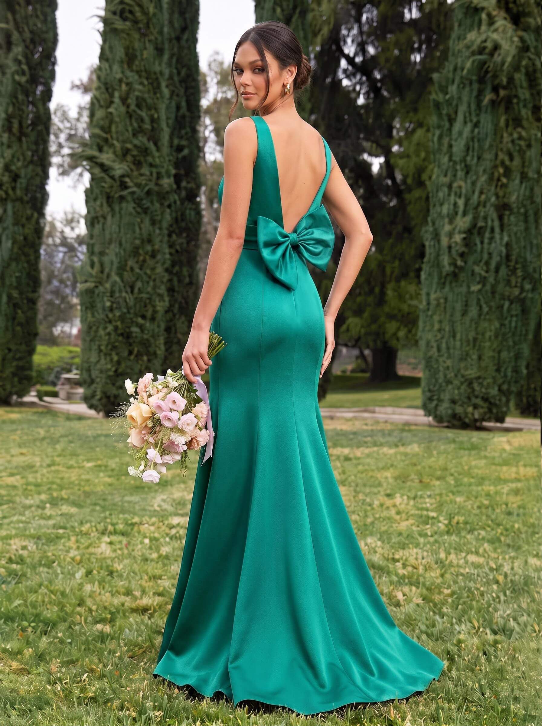 Trumpet/Mermaid Sleeveless Sweep Train Satin Bridesmaid Dresses With Bow(s), product image 81