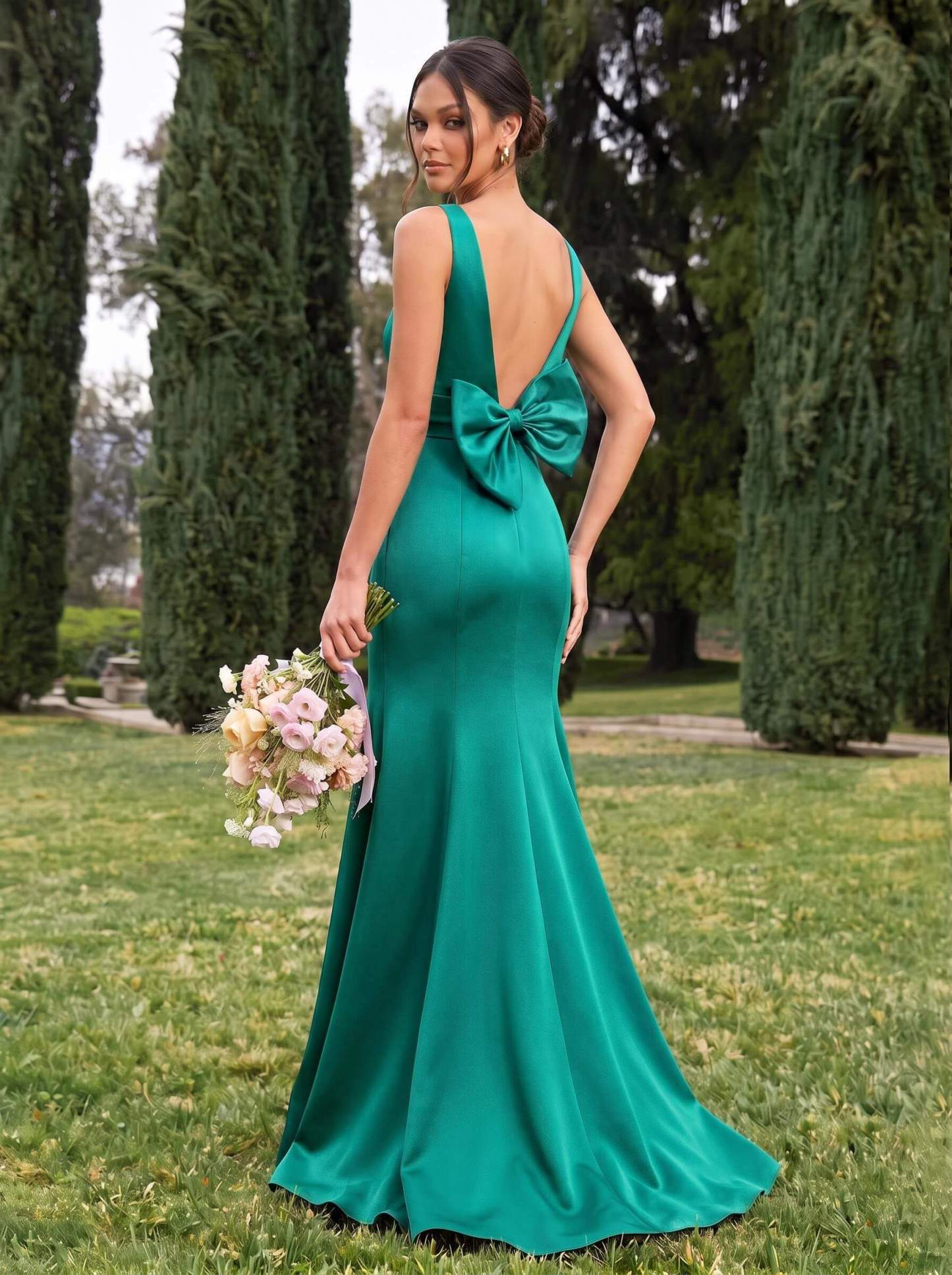 Trumpet/Mermaid Sleeveless Sweep Train Satin Bridesmaid Dresses With Bow(s), product image 81