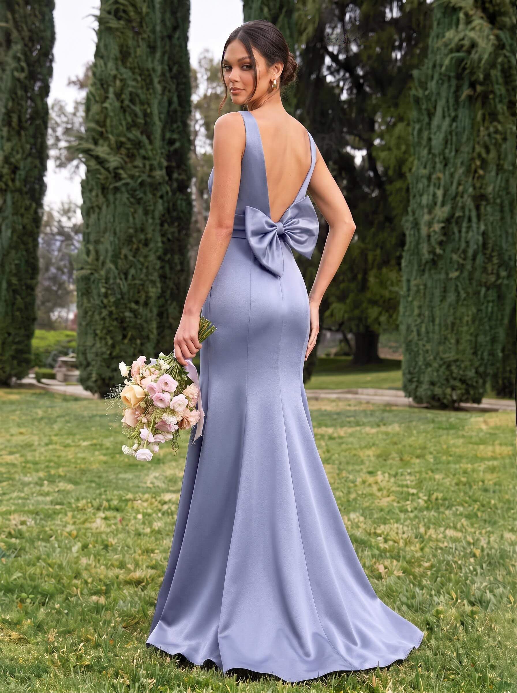 Trumpet/Mermaid Sleeveless Sweep Train Satin Bridesmaid Dresses With Bow(s), product image 65