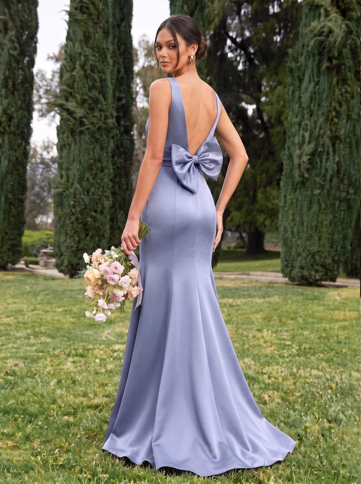 Trumpet/Mermaid Sleeveless Sweep Train Satin Bridesmaid Dresses With Bow(s), product image 65