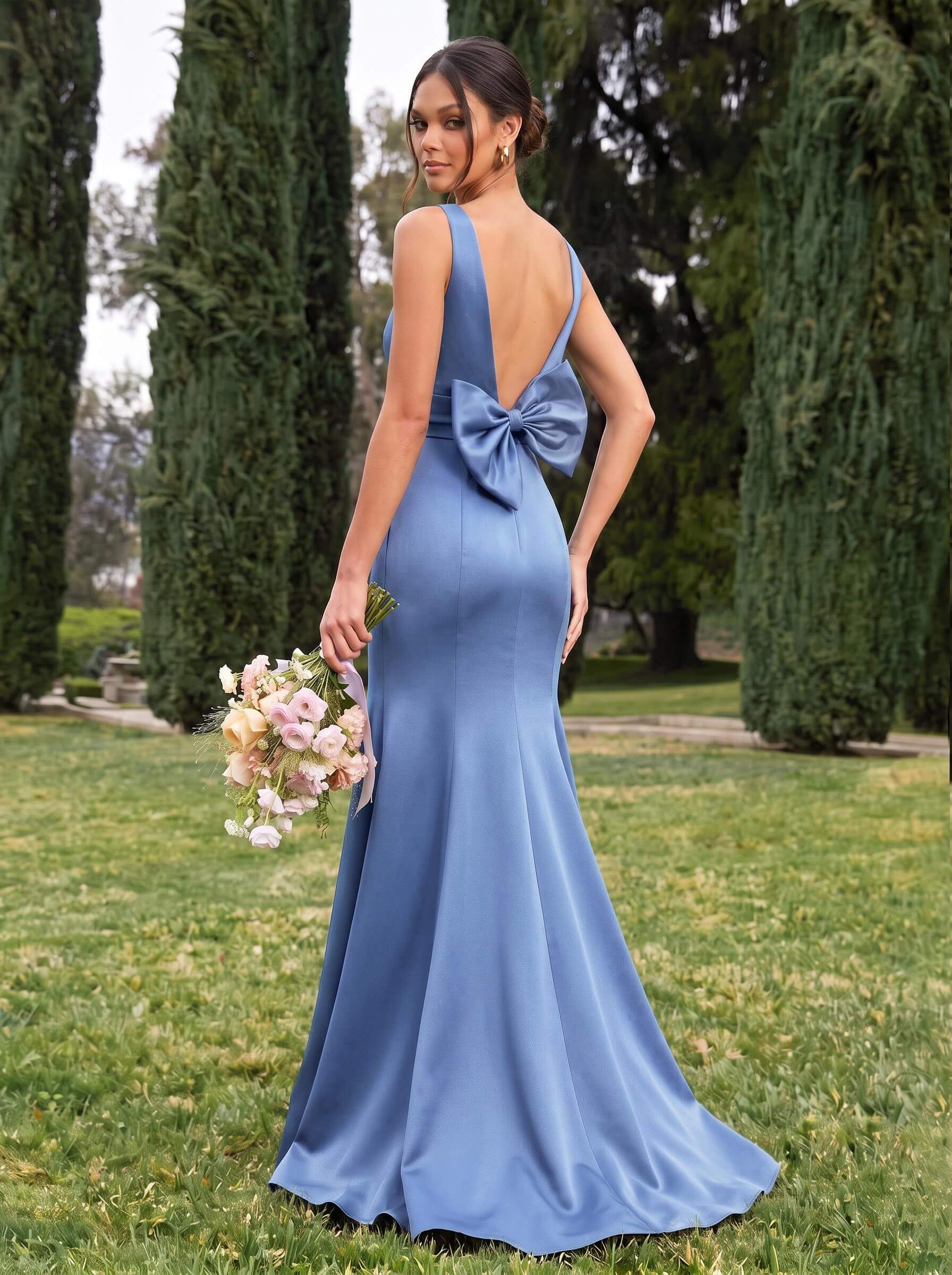 Trumpet/Mermaid Sleeveless Sweep Train Satin Bridesmaid Dresses With Bow(s), product image 21