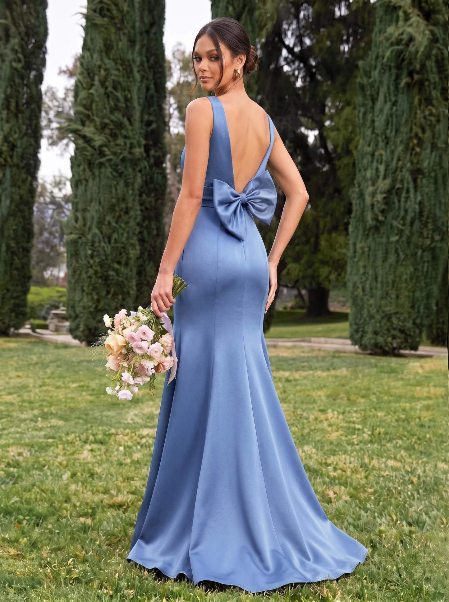 Trumpet/Mermaid Sleeveless Sweep Train Satin Bridesmaid Dresses With Bow(s), product image 21