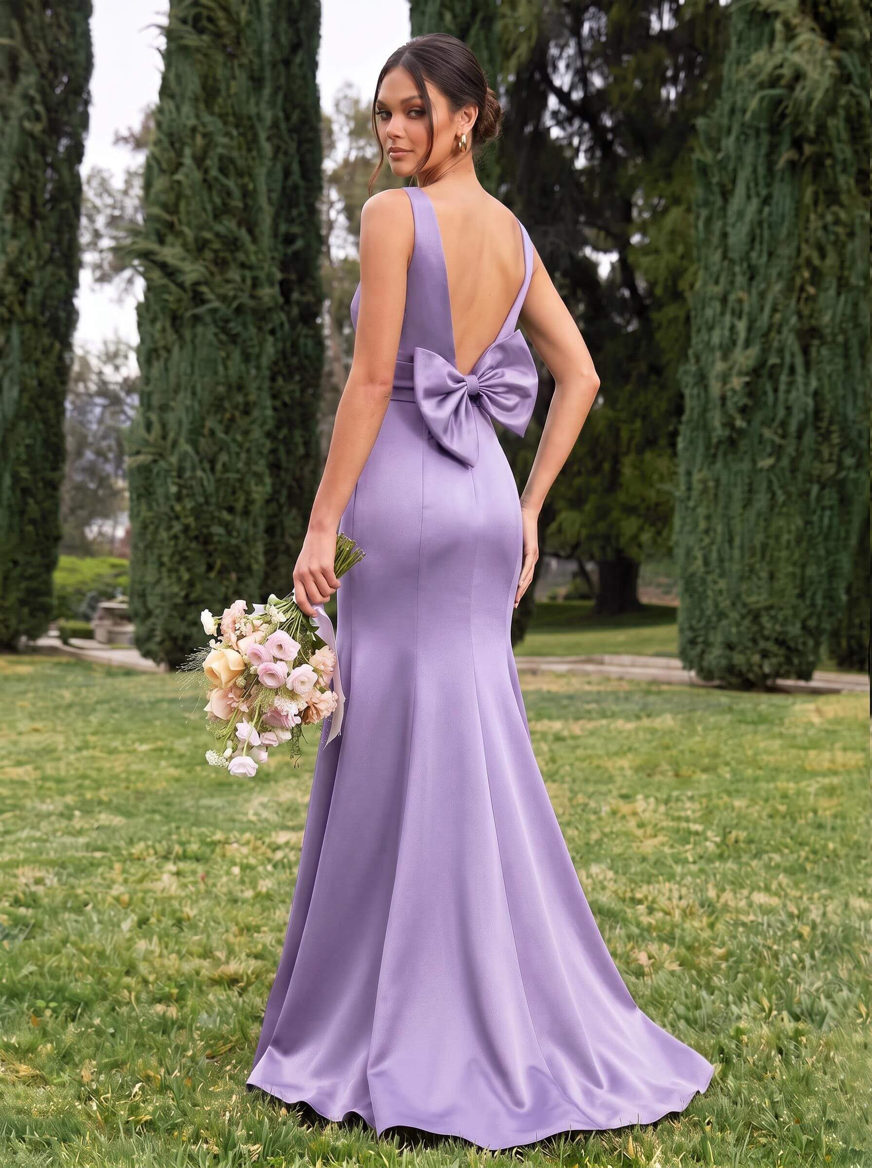 Trumpet/Mermaid Sleeveless Sweep Train Satin Bridesmaid Dresses With Bow(s), product image 63