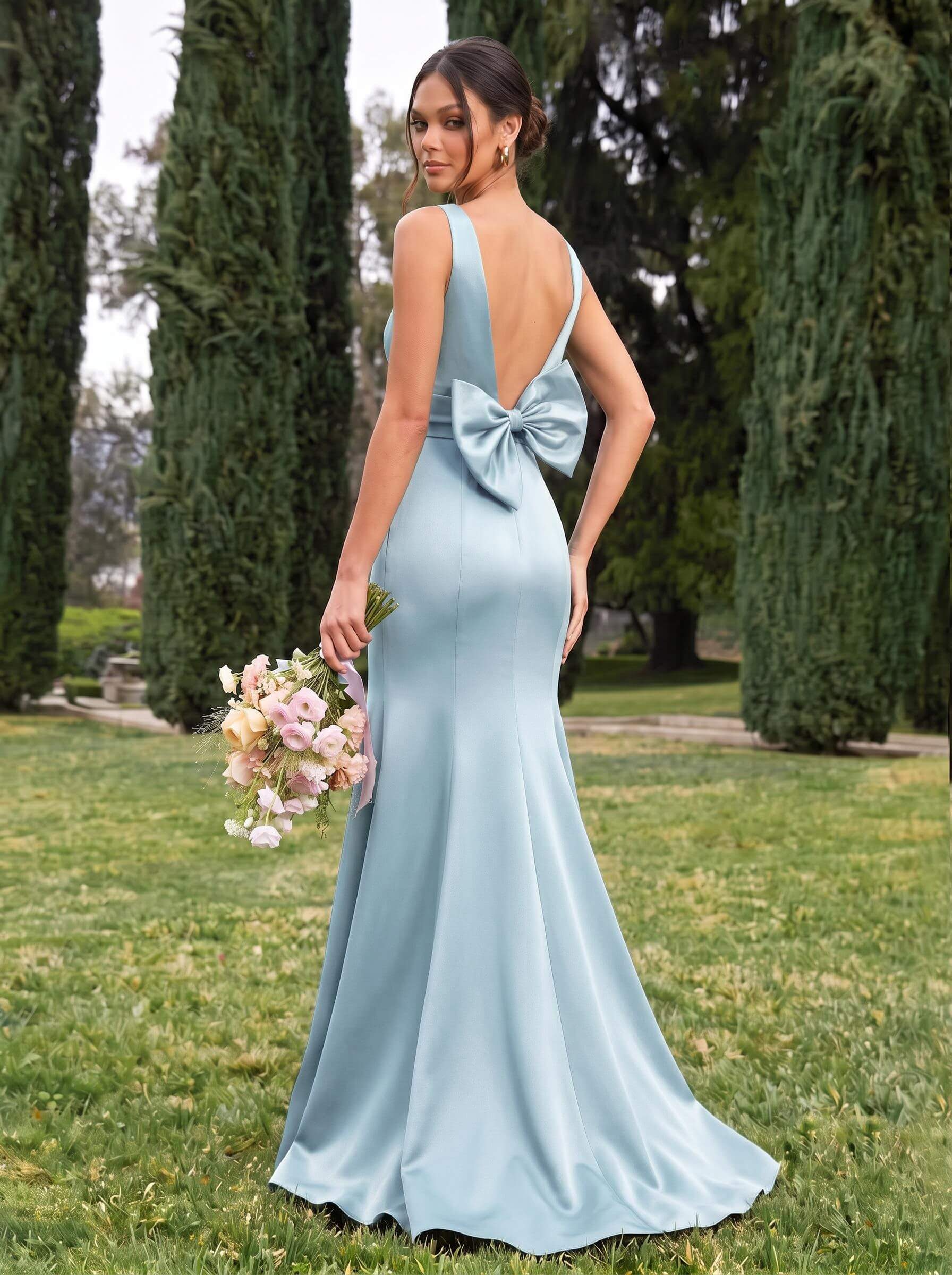 Trumpet/Mermaid Sleeveless Sweep Train Satin Bridesmaid Dresses With Bow(s), product image 25