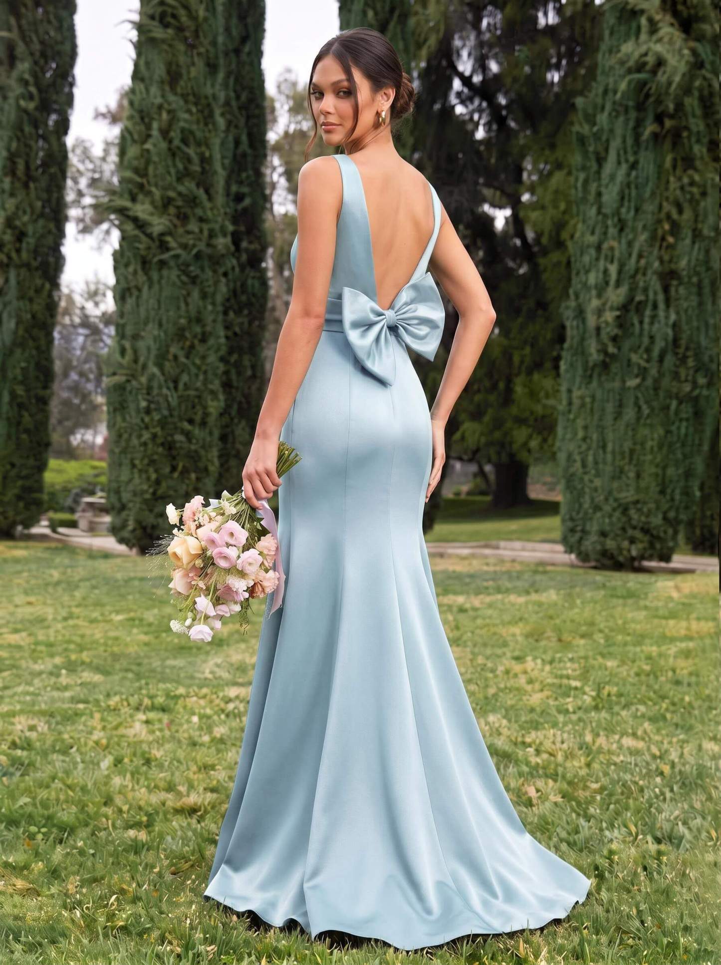 Trumpet/Mermaid Sleeveless Sweep Train Satin Bridesmaid Dresses With Bow(s), product image 25