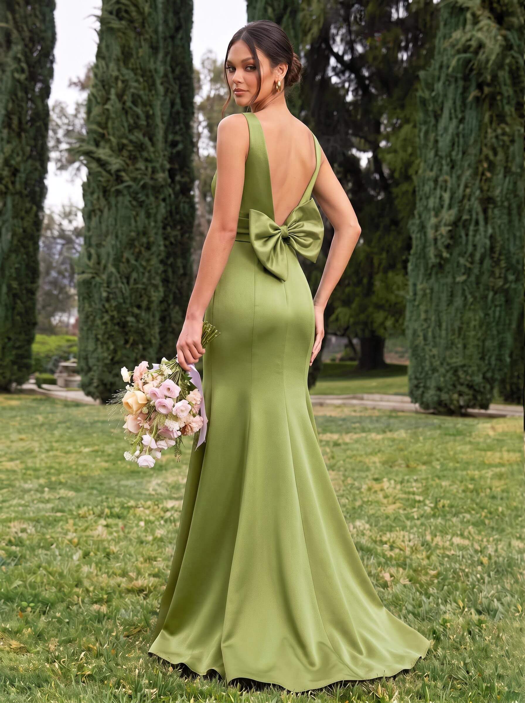 Trumpet/Mermaid Sleeveless Sweep Train Satin Bridesmaid Dresses With Bow(s), product image 131