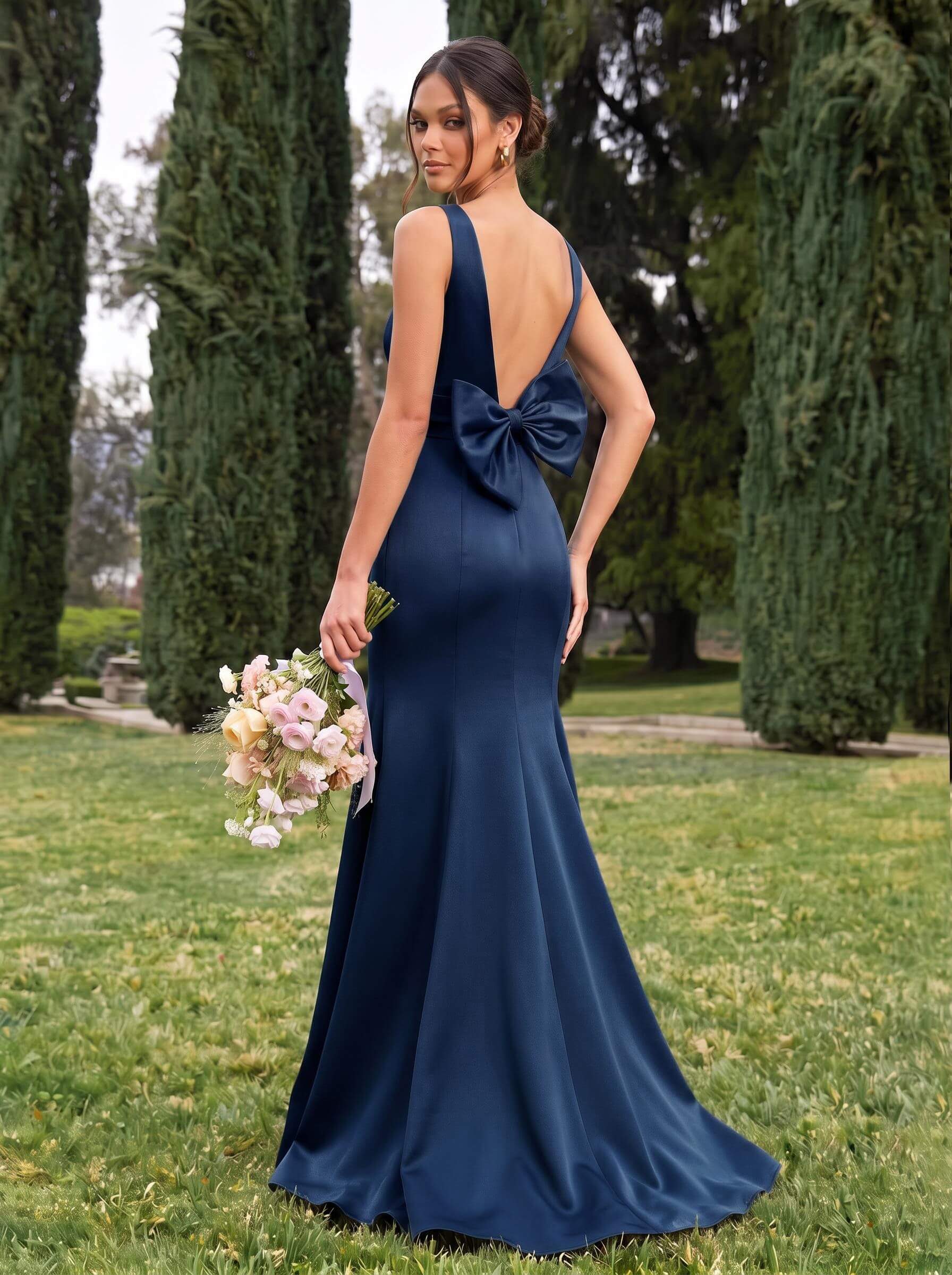Trumpet/Mermaid Sleeveless Sweep Train Satin Bridesmaid Dresses With Bow(s), product image 5